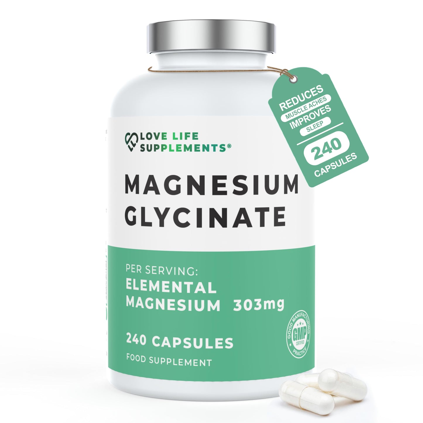 Love Life Supplements Pure Magnesium Glycinate (Bisglycinate) Capsules, 240 Count