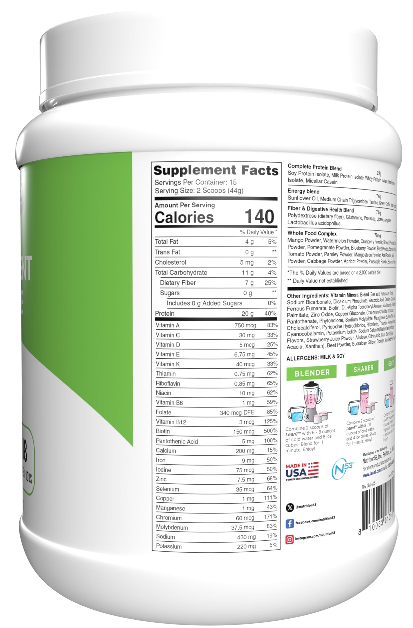 N53 Lean1 Meal Replacement Protein Shake Strawberry Flavor Powder 27.5