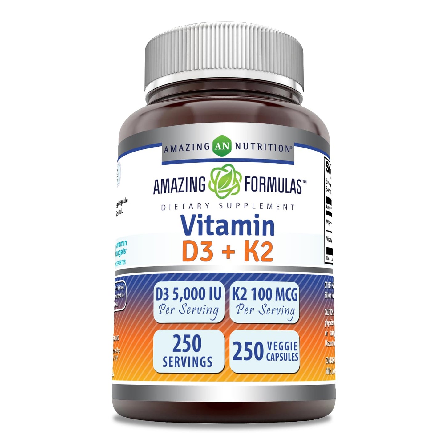 Amazing Nutrition Vitamin D3 5000 IU with Vitamin K2 100 mcg, 250 Veggie Capsules