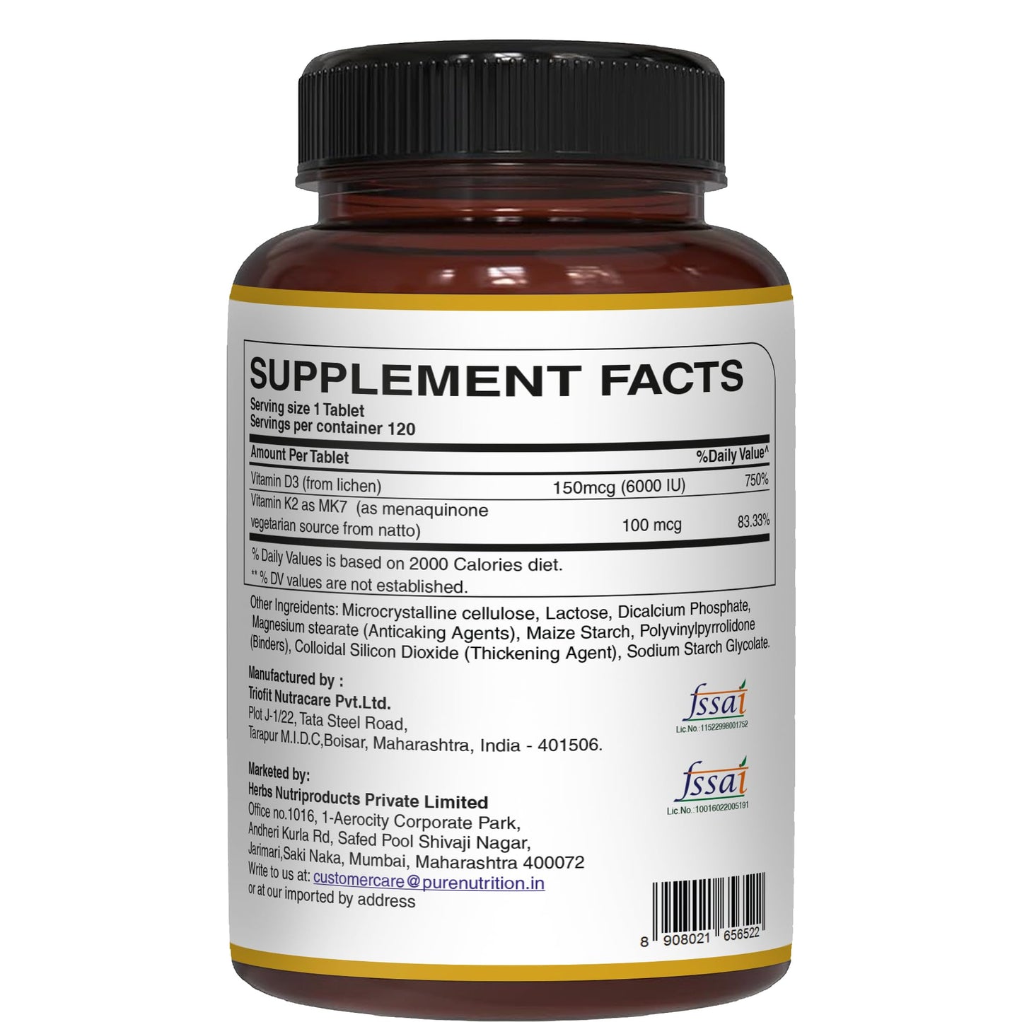 Pure Nutrition Natural Treasures Vitamin D3 K2 Supplement Tablet, 120 Tablets