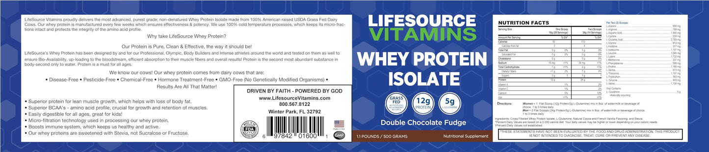 LifeSource Vitamins Whey Protein Isolate Powder, Double Chocolate Fudge, 16 Servings
