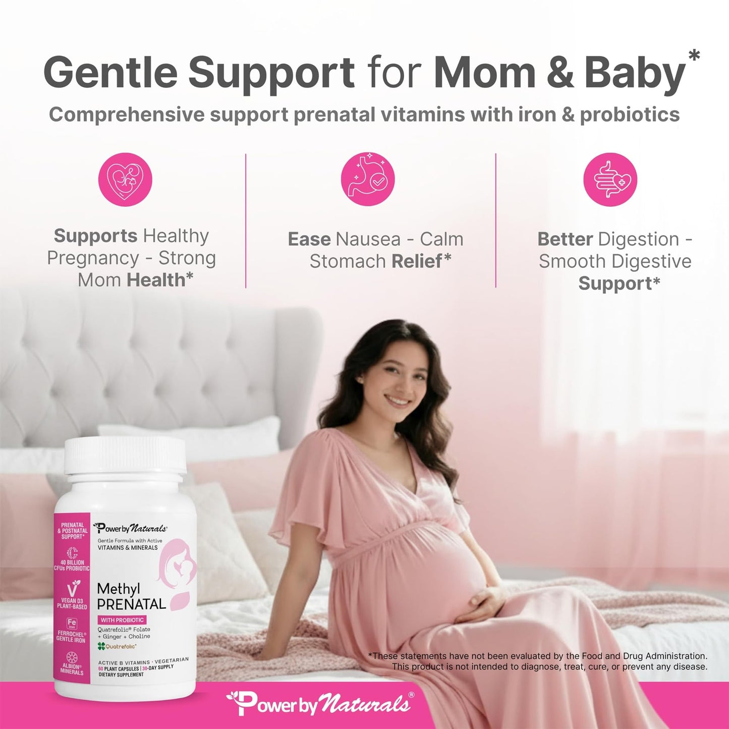 Power By Naturals Methyl Prenatal with Probiotics – Prenatal Vitamins for Women with Iron, Methyl Folate, B12 & 28 Nutrients & Botanicals – Vegan, Non-GMO, Gluten-Free 60 Capsules