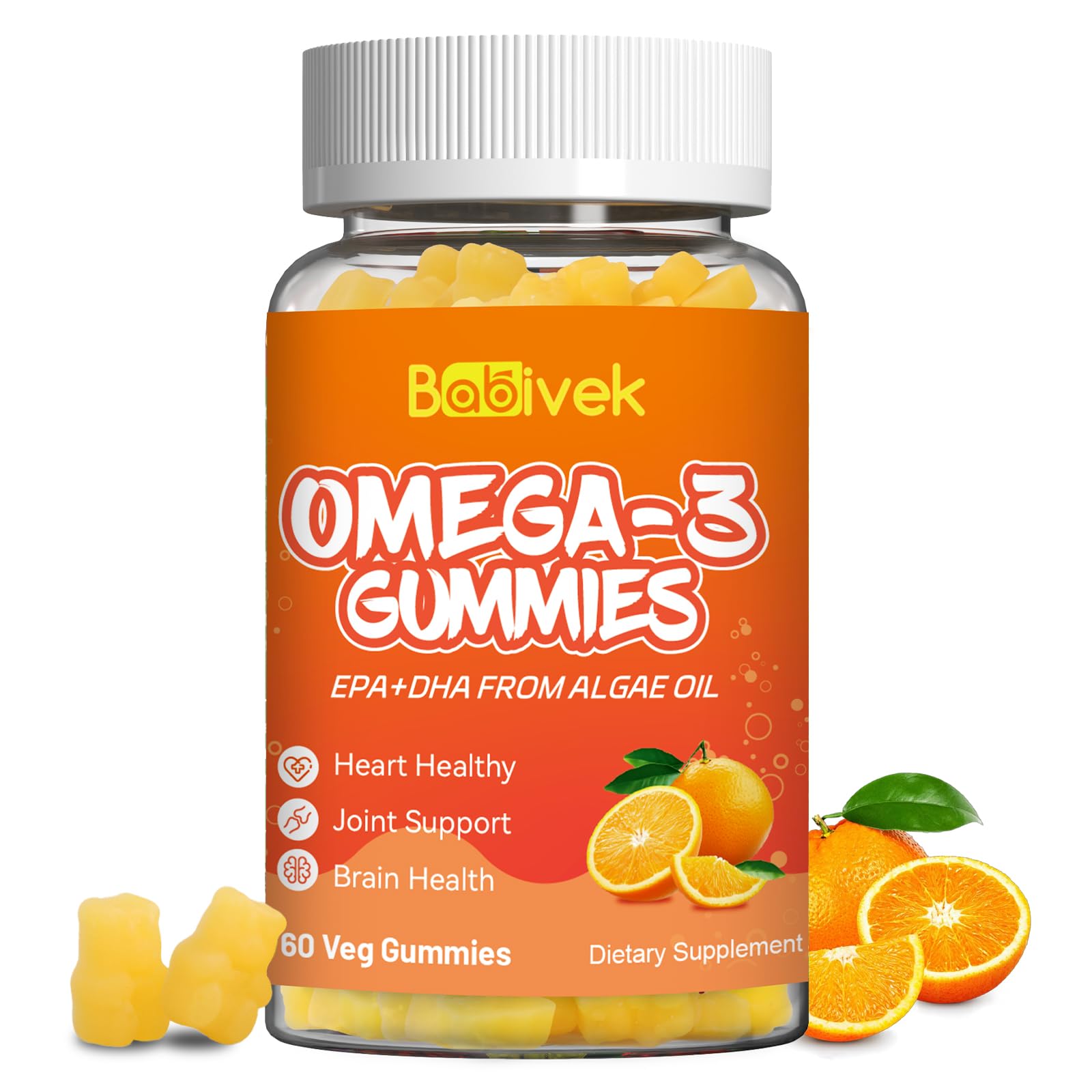 Babivek Omega-3 Gummies Vegan 1200mg EPA & DHA with Folate, Vitamin A, Vitamins C & E for Immune Support, 60 Count