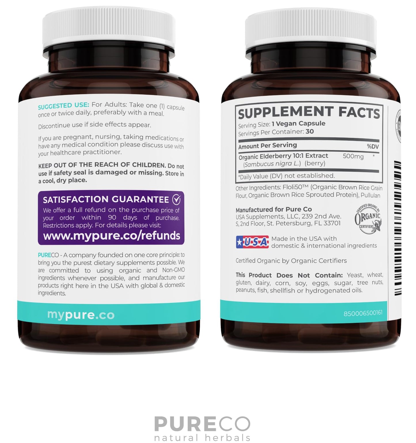 PURE CO Organic Elderberry 10:1 Extract 500mg per Capsule, 30 Capsules