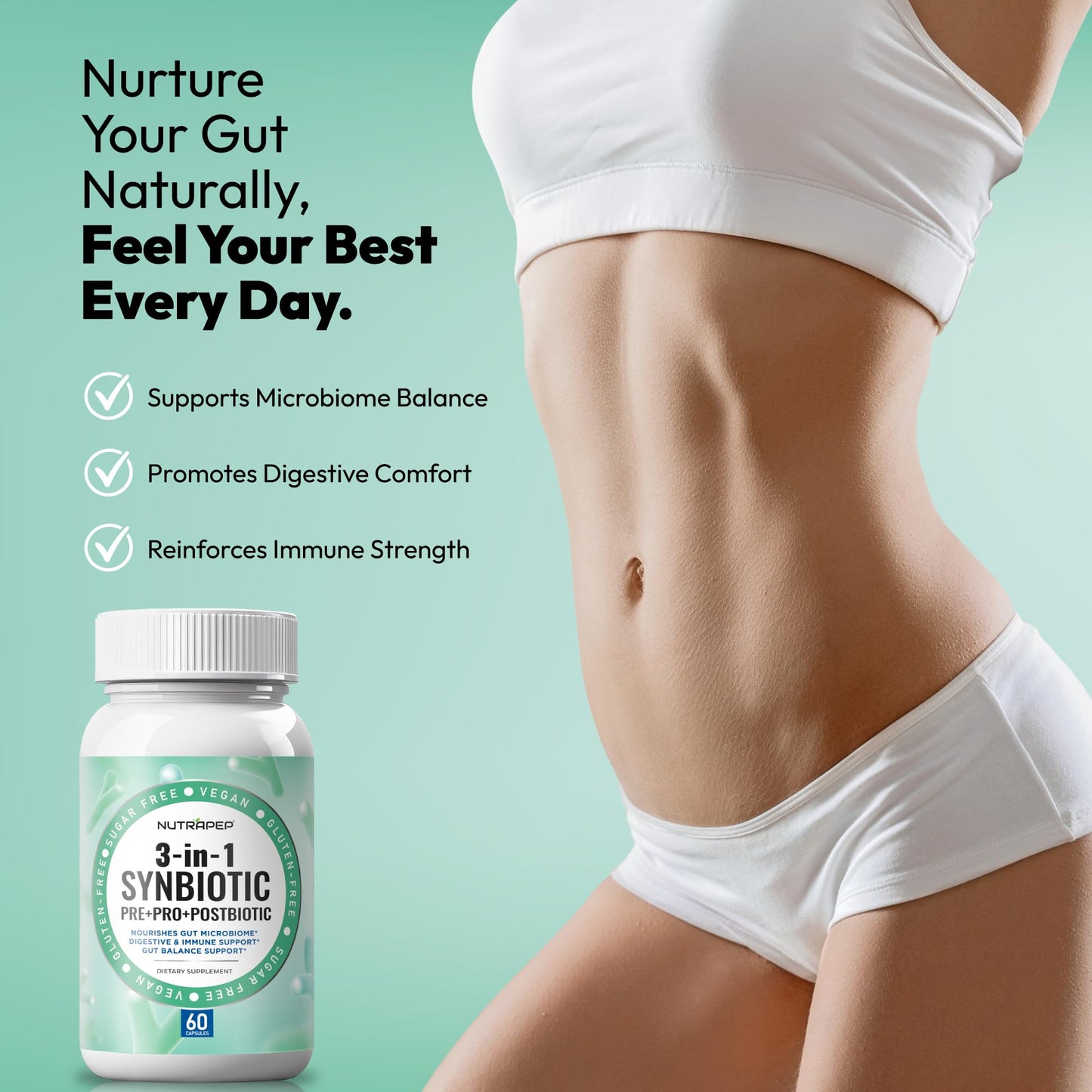 NutraPep Synbiotics Probiotic Prebiotic Postbiotic Capsule 60 Count