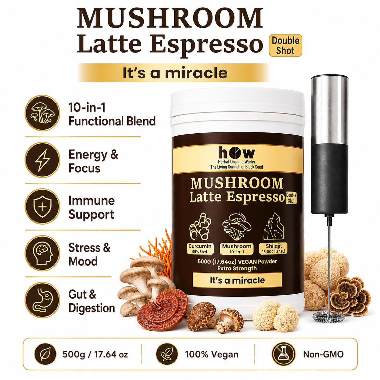 Herbal Organic Works 10-in-1 Mushroom Coffee Latte Powder, 1 Pack