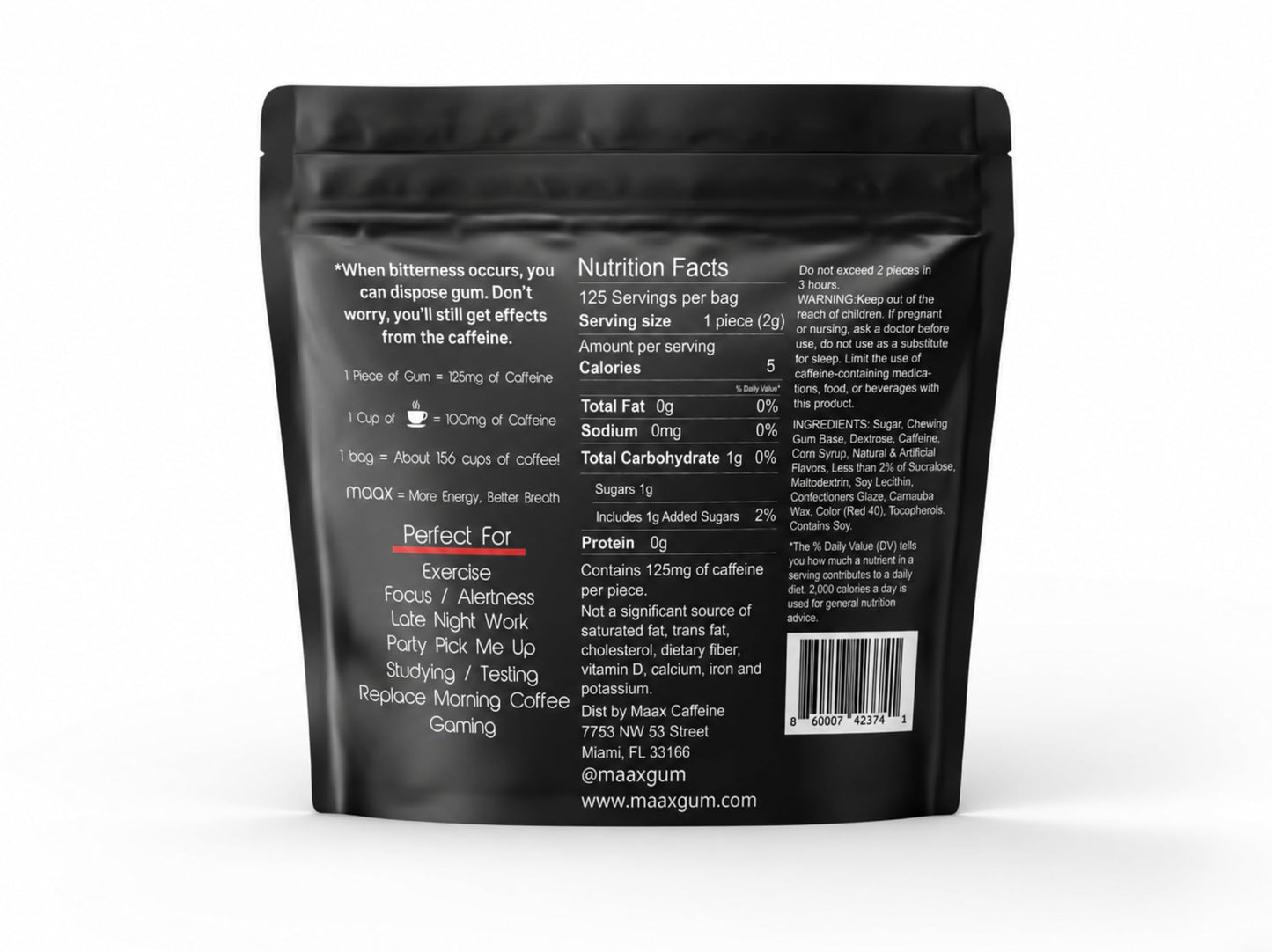 Maax Caffeine Energy Gum Chewable 125 Count