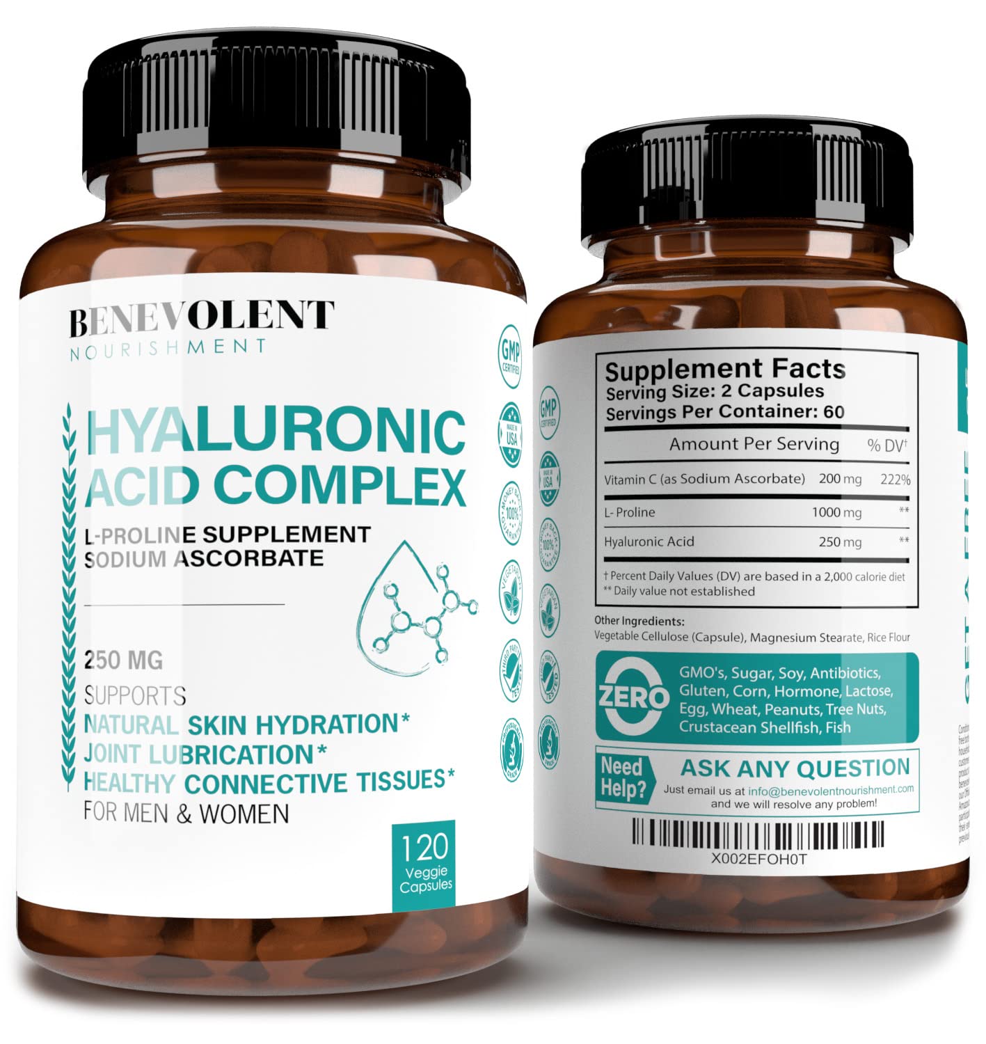 Benevolent Nourishment Hyaluronic Acid Capsules 250mg with Vitamin C 200mg & L-Proline 1000mg, Anti-Aging Support, 120 Capsules