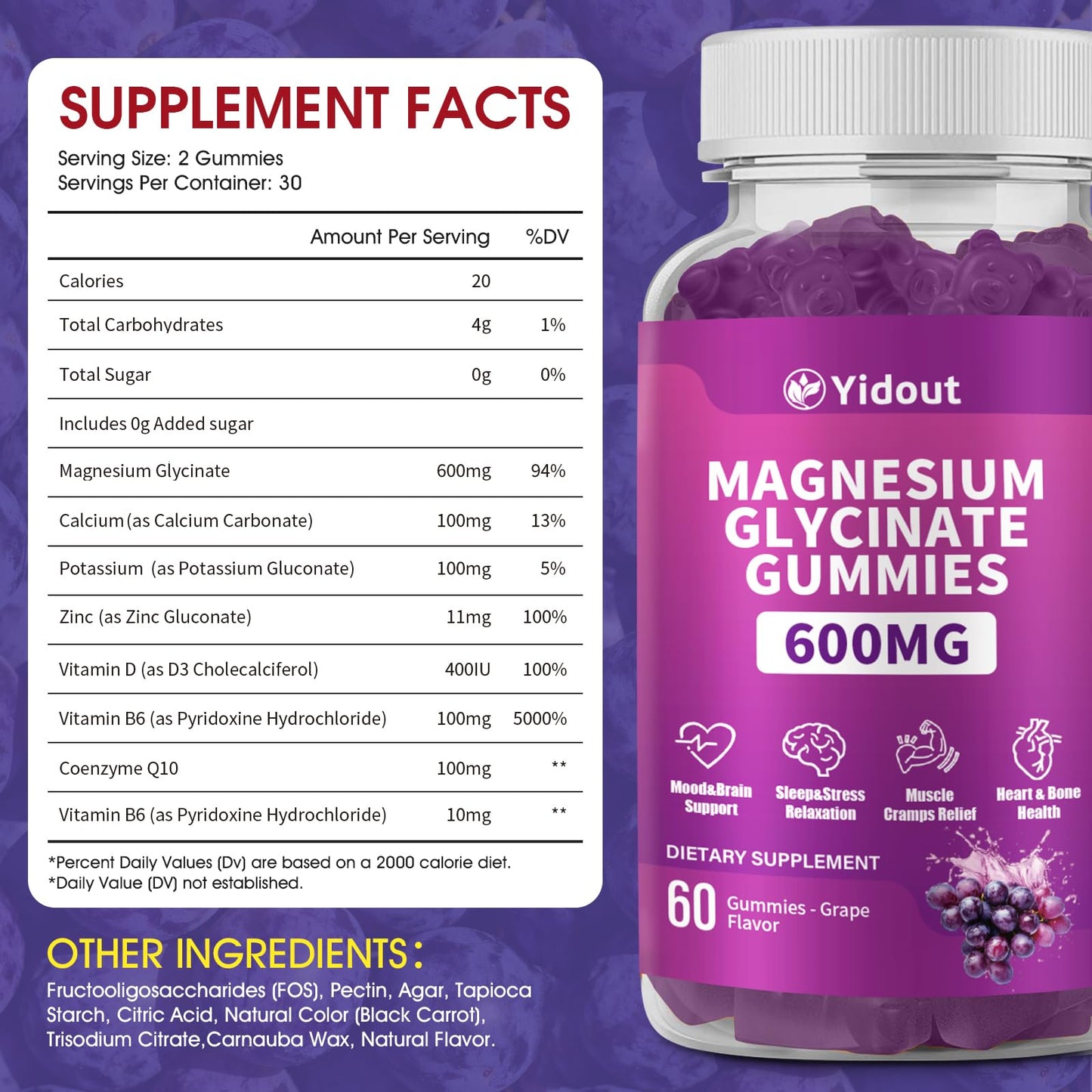 Yidout Magnesium Glycinate Gummies 600mg, 60 Count