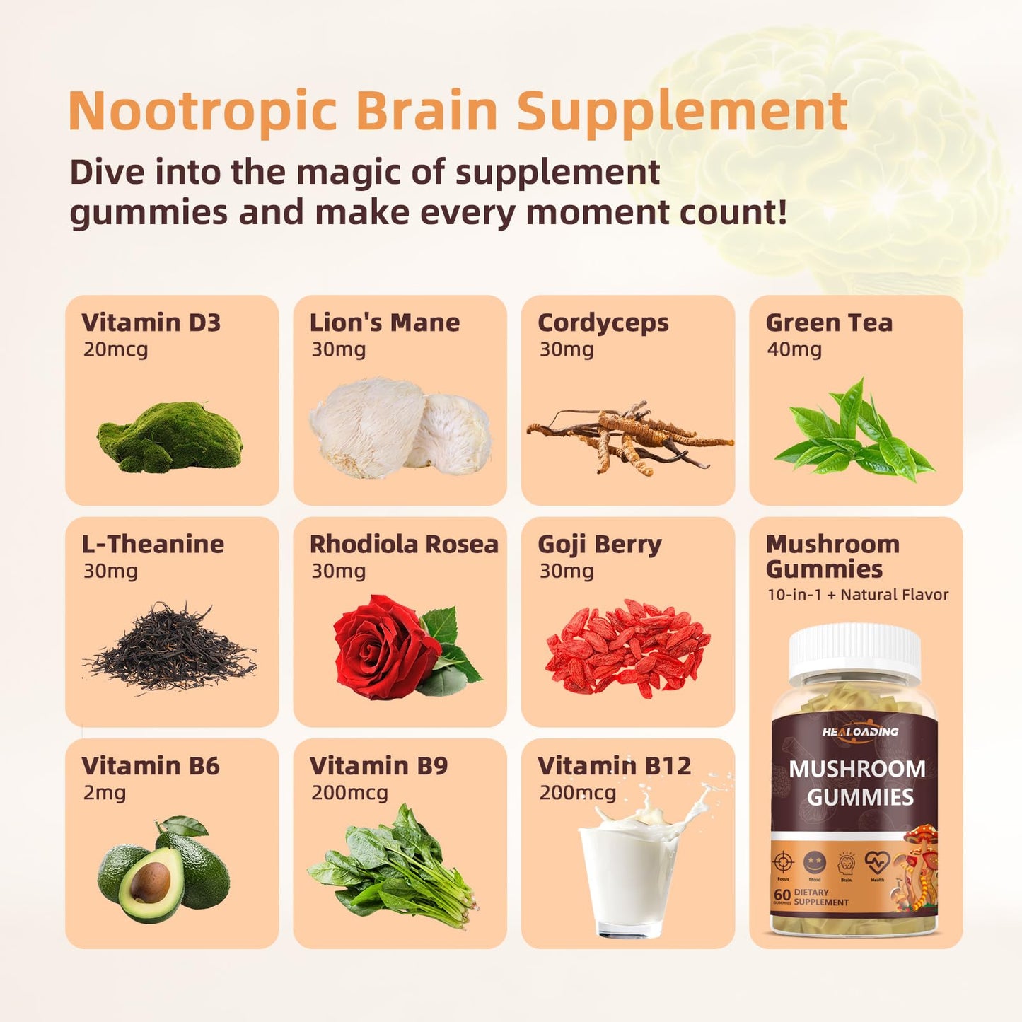 HEALOADING Mushroom Gummies with 10 Functional Mushrooms (Lion's Mane, Reishi, Chaga, Cordyceps & More) for Focus & Energy - Vegan, Non-GMO, 60 Gummies