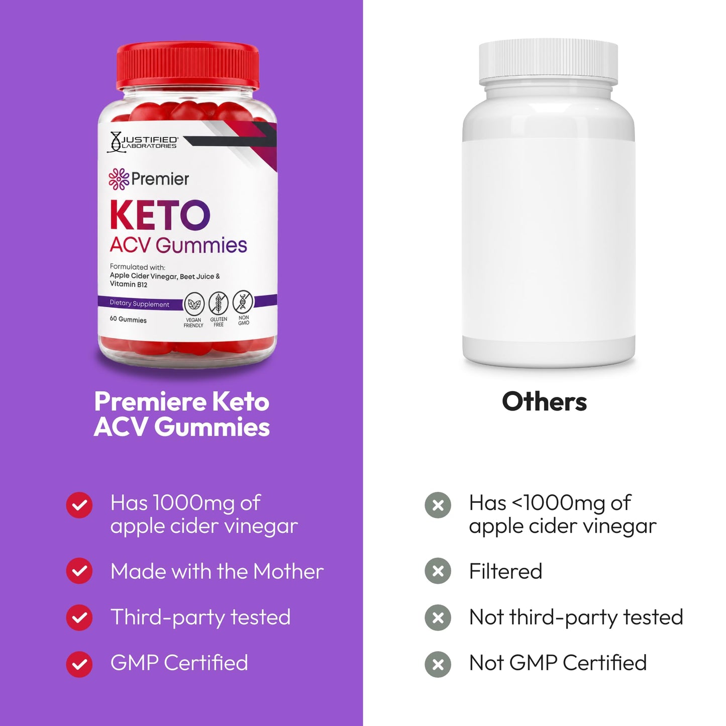 Justified Laboratories Premier Keto ACV Gummies (1000 mg), Gummy, 120 Count