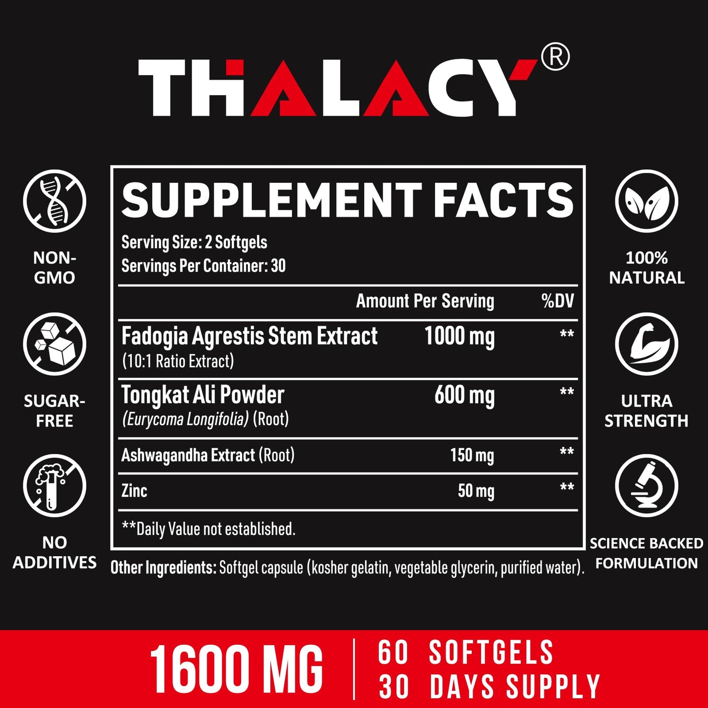 Thalacy Fadogia Agrestis Tongkat Ali Softgels with Ashwagandha 120 Count