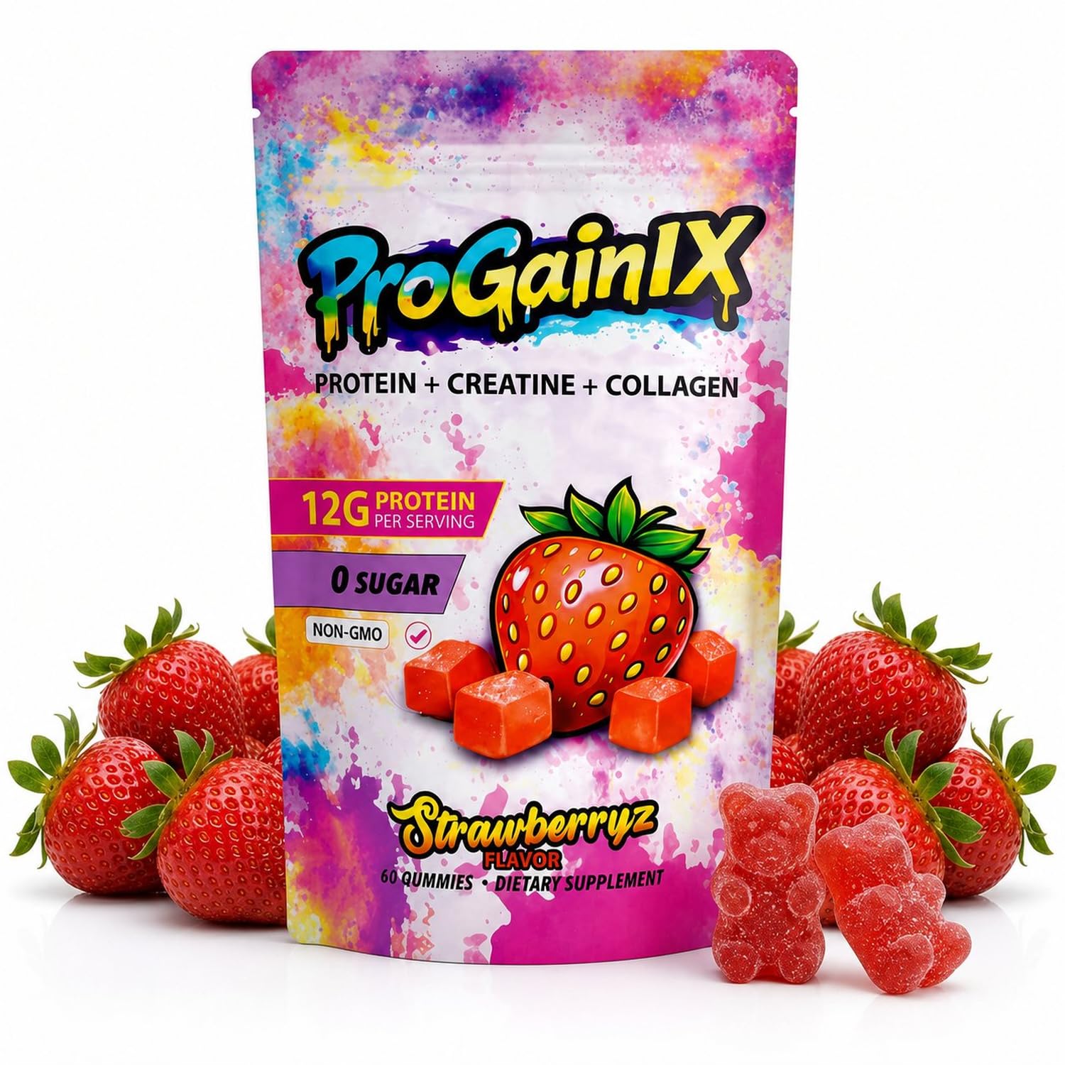 ProGainIX Protein Gummies - 3 in 1 formula with 12g Protein, Creatine Monohydrate & Collagen Peptides - Strawberry Flavor, Zero Sugar, 60 Gummies