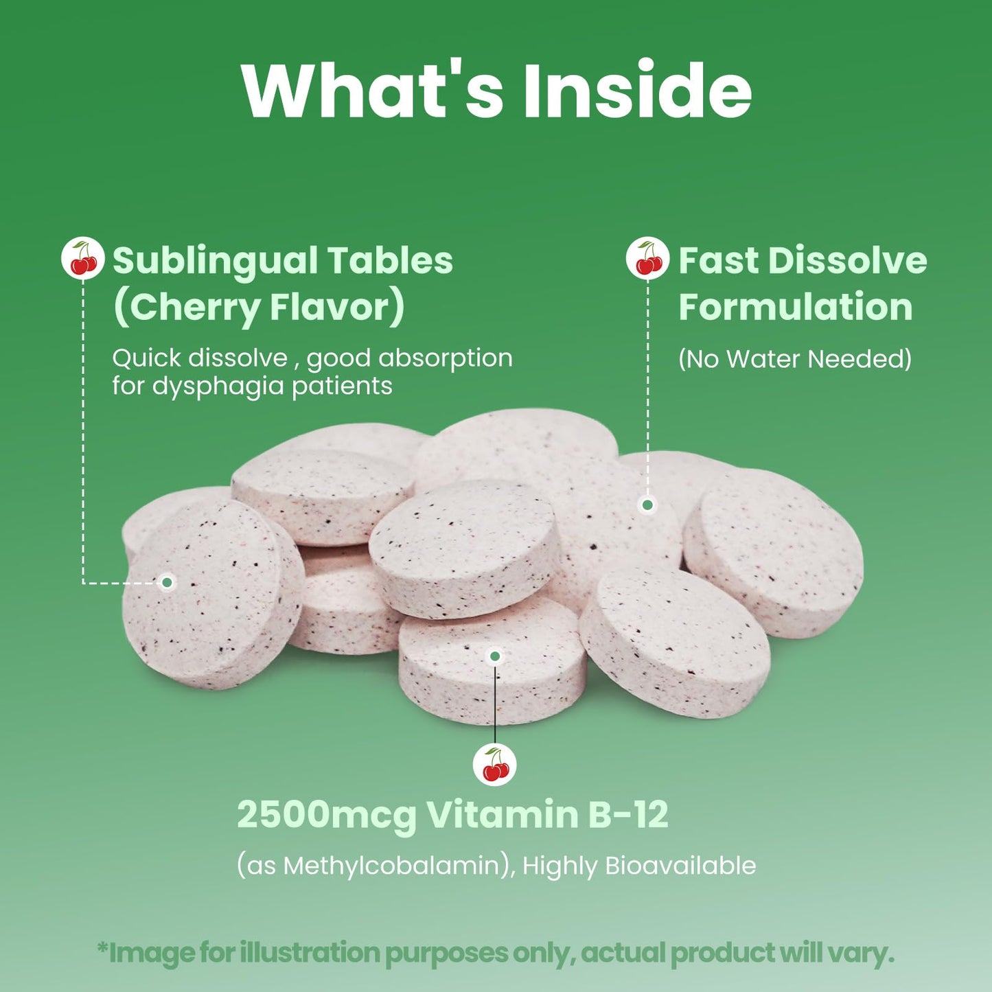 UMEWISH Vitamin B12 Methylcobalamin Dissolvable Tablet 2500 mcg with Folic Acid Cherry Flavor, 120 Tablets