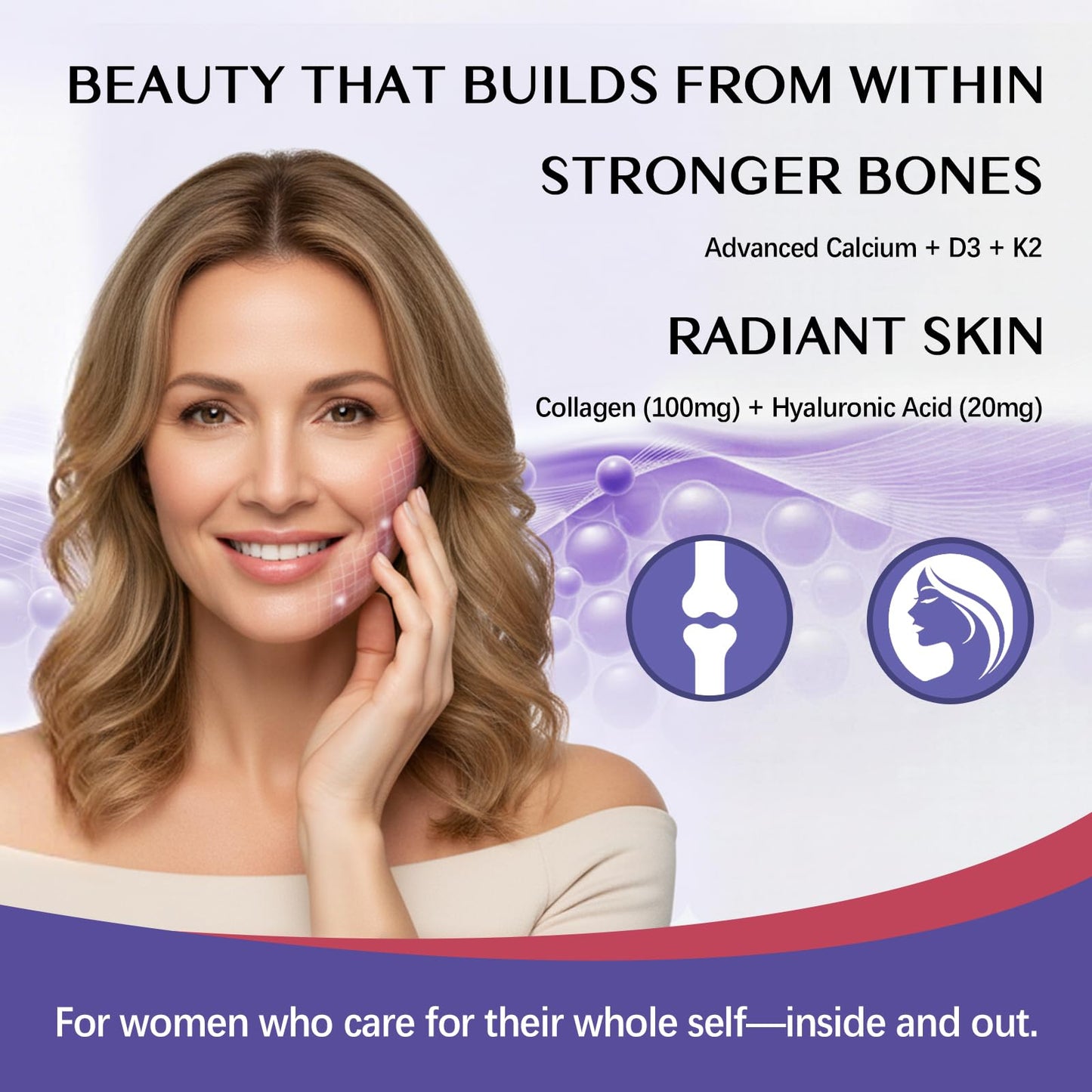 Novafun Calcium Supplements for Women 1000mg High Absorption Dicalcium Malate with Vitamin D3, K2, Magnesium, Collagen & Hyaluronic Acid - Bone & Skin Support Capsule, 90 Count