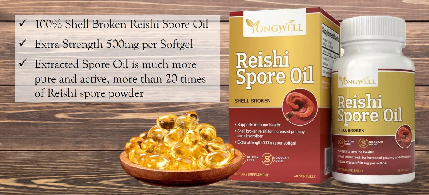 YongWell Reishi Spore Oil Shell-Broken Extra Strength 500mg Softgels 60 Count