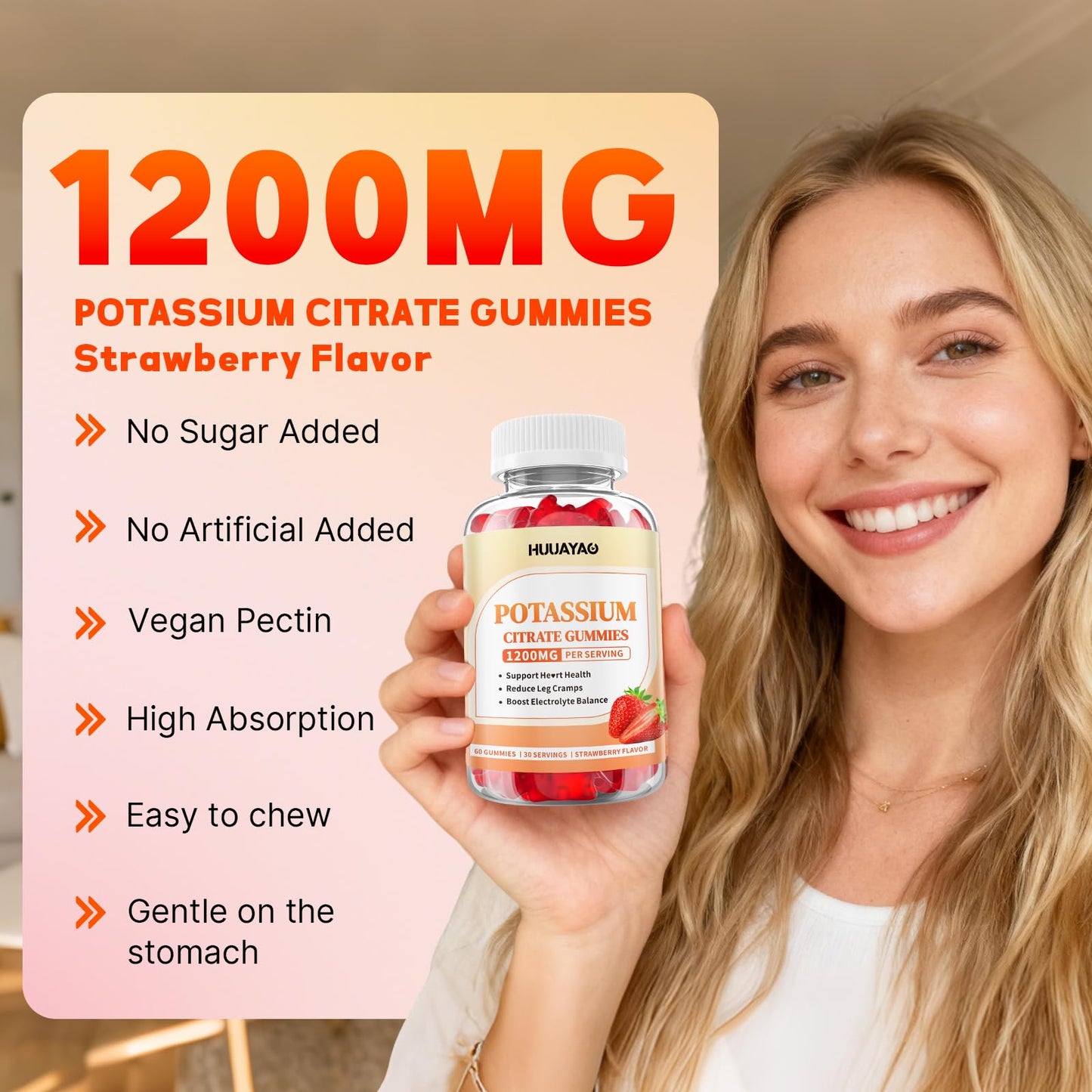 HUUAYAO Potassium Citrate Gummies 1200mg, 120 Count