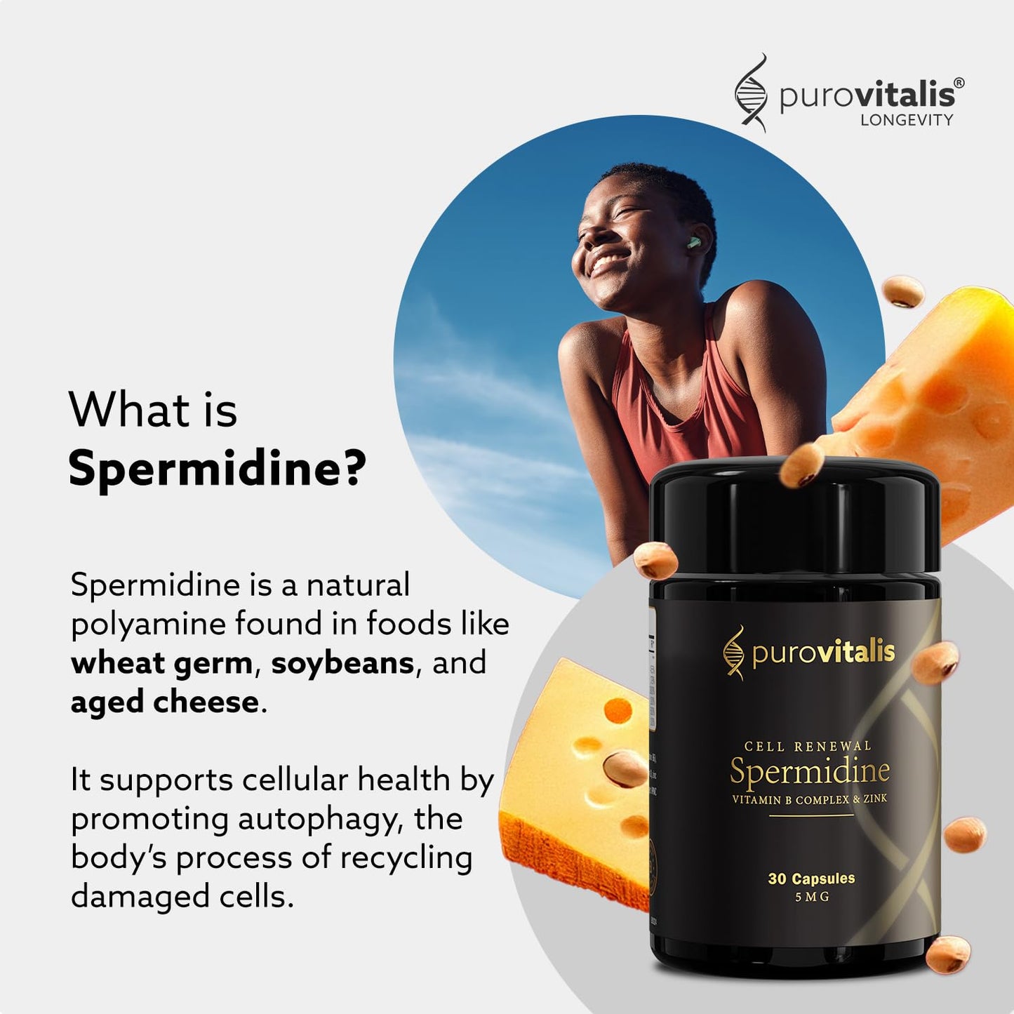 PUROVITALIS Liposomal Spermidine 5mg with Zinc, Vitamin D3 & B12, Cell Renewal & Anti-ageing Supplement, 30 Capsules
