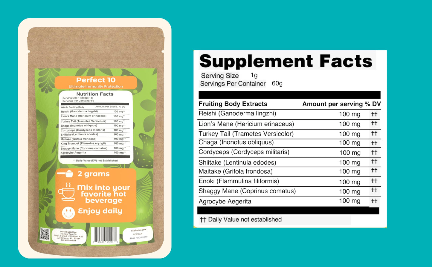 Hongo Tea Mushroom Power Perfect 10 Mushroom Complex Powder 2.1 oz