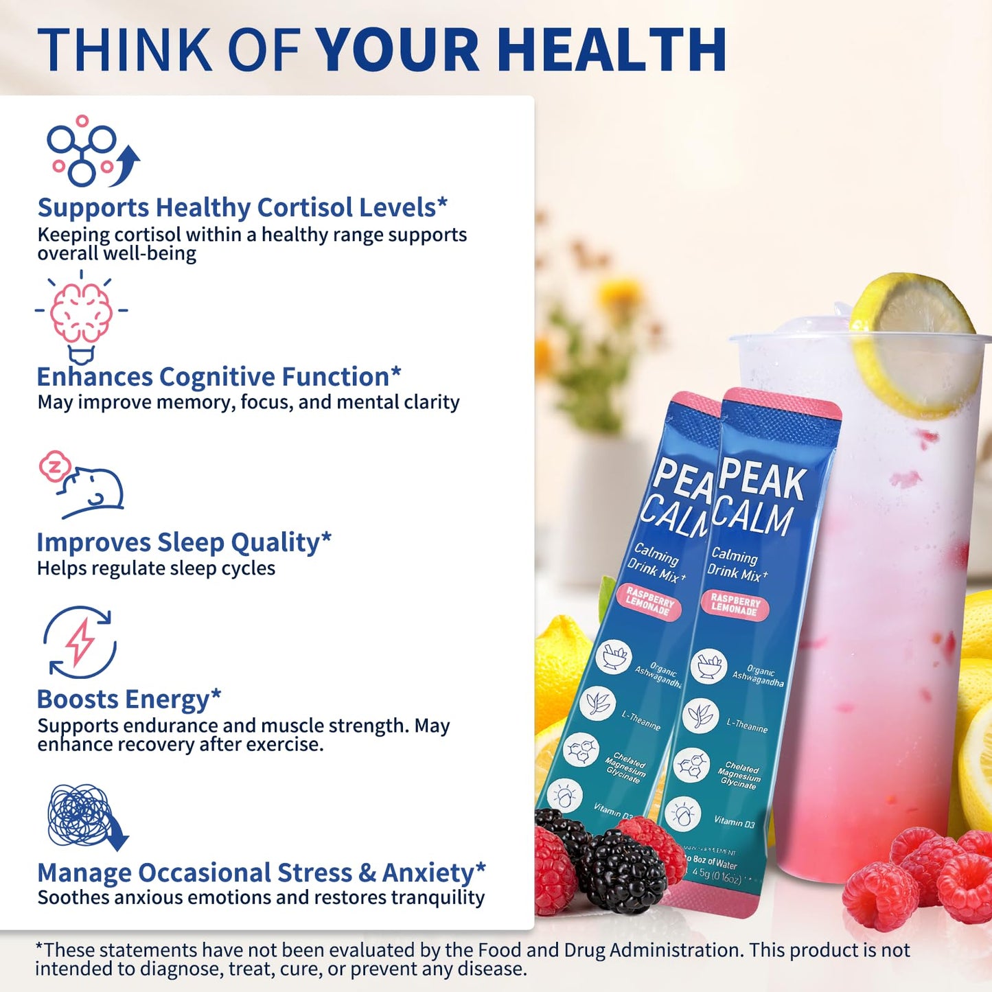 OLELON Super Cortisol Calm Magnesium Glycinate Powder with Ashwagandha, L-Theanine & Vitamin D3, Raspberry Lemonade, No Sugar, 40 Count