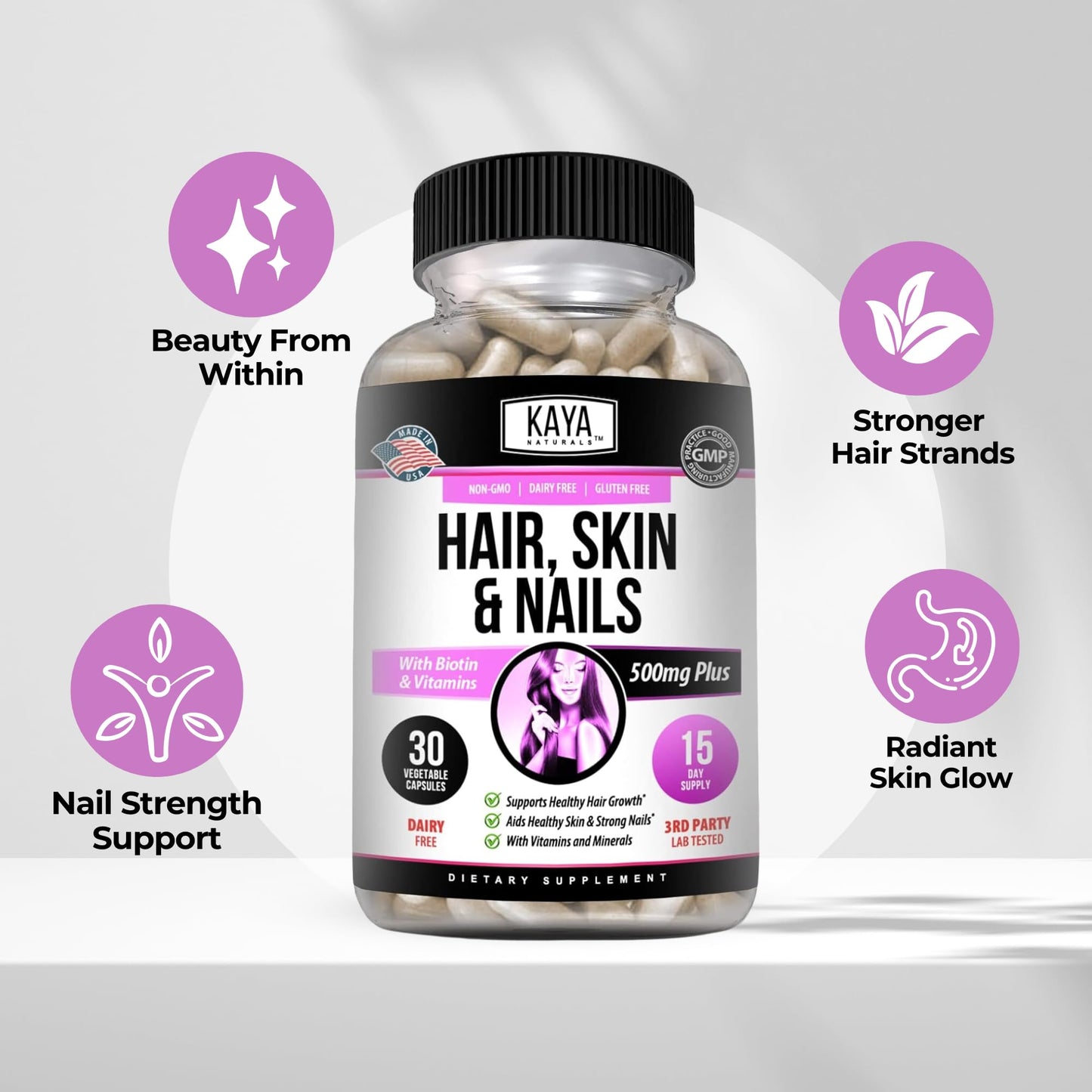 Kaya Naturals Hair Skin Nail Capsules with Biotin - Hair and Skin Vitamins, 30 Count