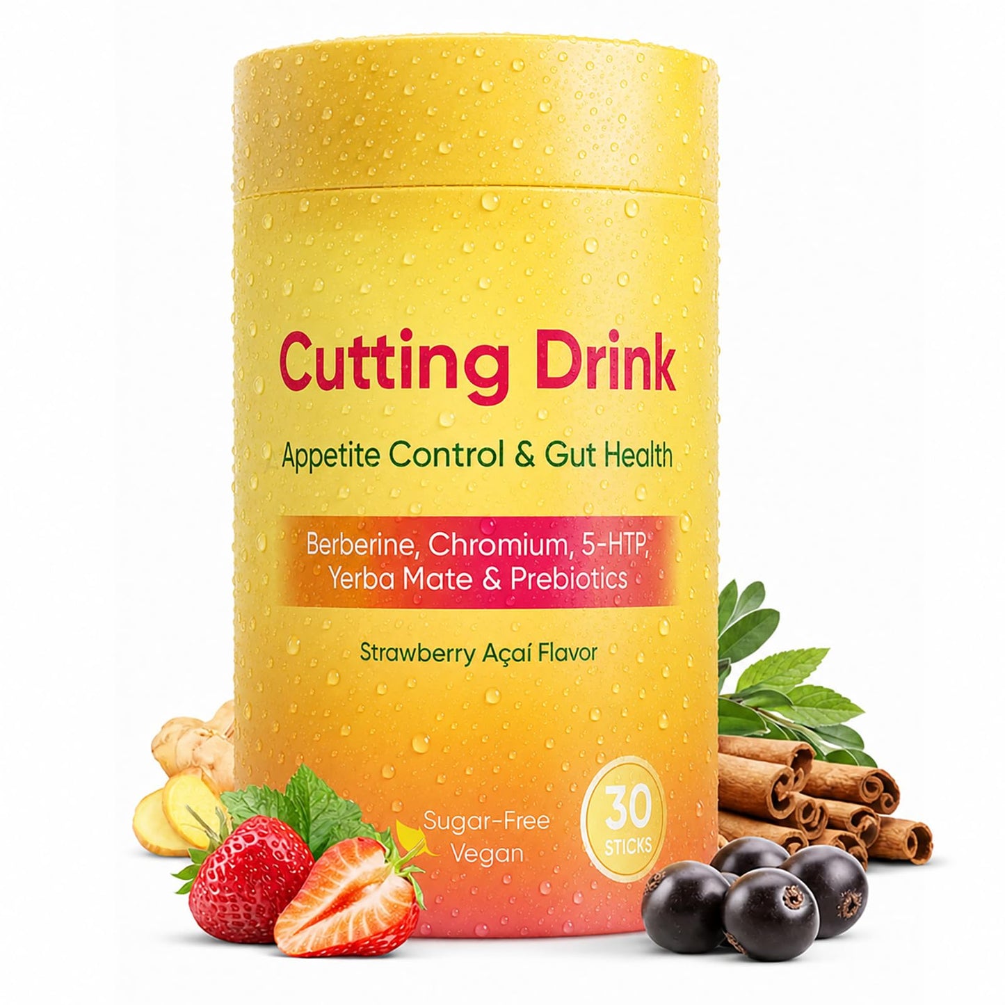 Peehss Kuranatural Cutting Mix for Gut Health Support Prebiotic Formula with Yerba Mate Supports Satiety, Energy & Metabolism Sugar Free, Vegan, Strawberry açaí Drink Powder, 1