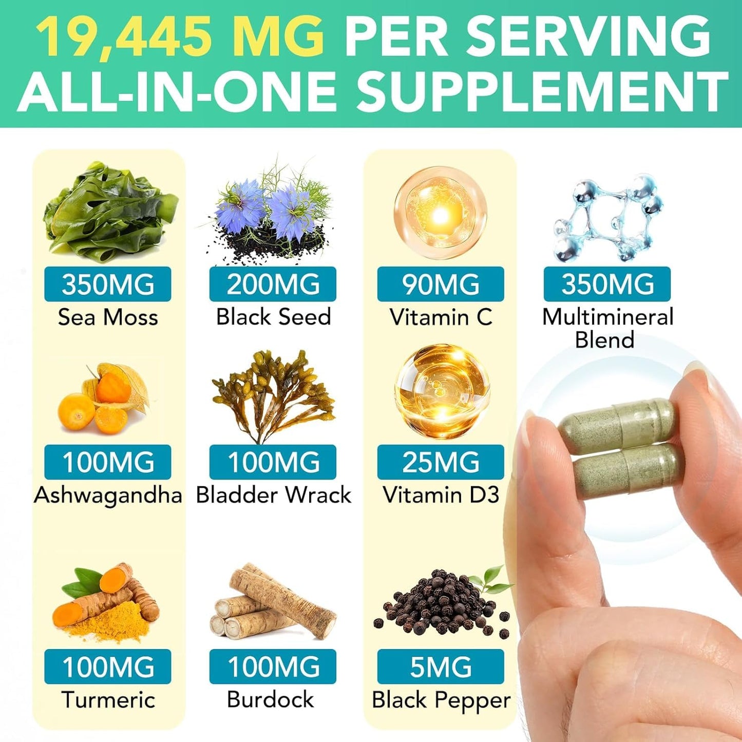 MXCZBSM Sea Moss Capsule Supplement with Black Seed Oil, Ashwagandha, Ginger, Turmeric, Bladderwrack, Burdock & Vitamin C & D3, Enhanced Immunity & Energy, 120 Capsules