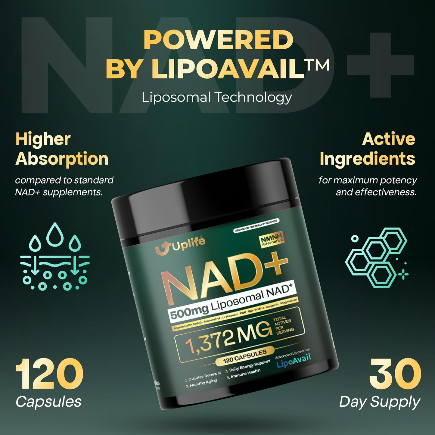 UPLIFE NAD+ Liposomal Supplement Capsules, 120 Capsules