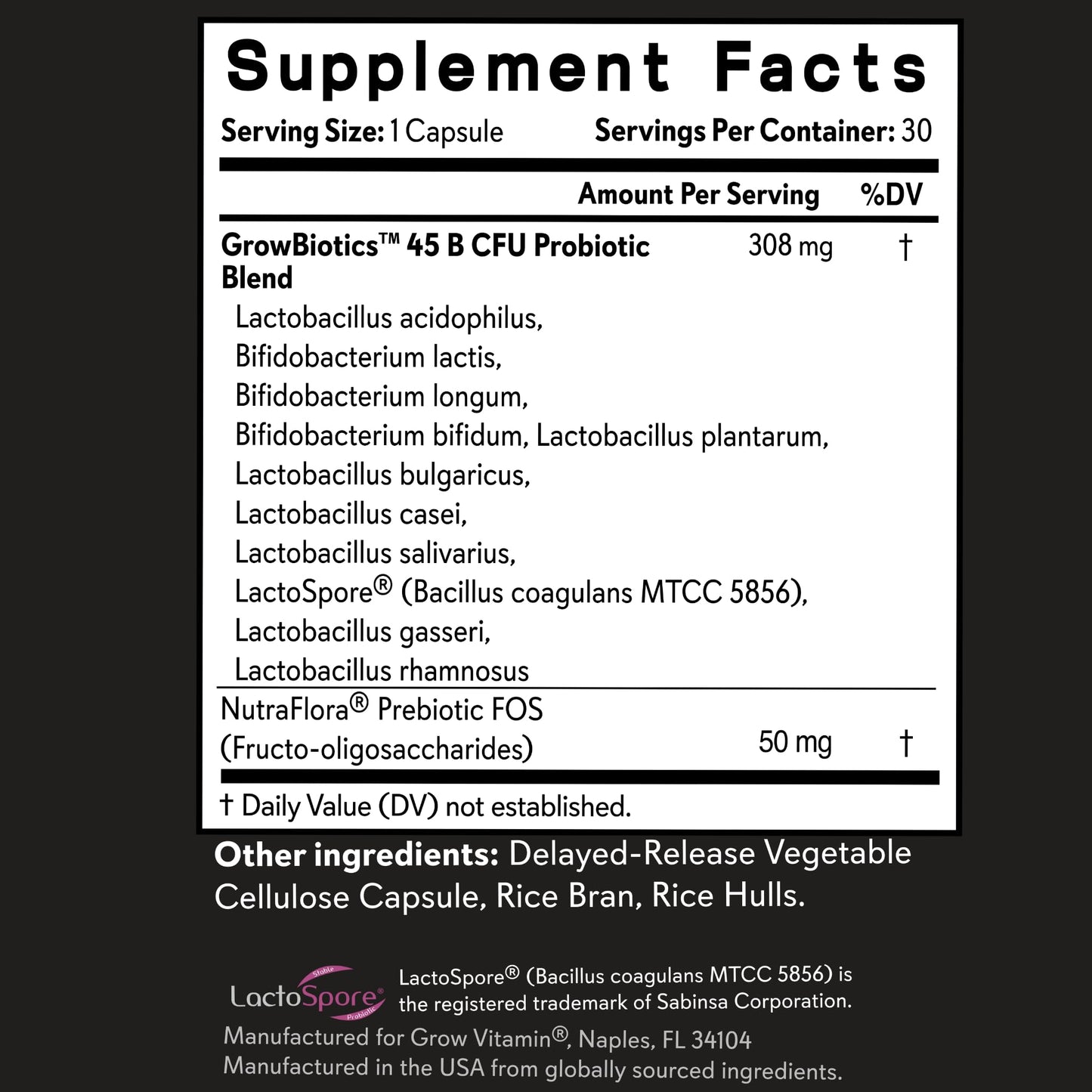 Grow Vitamin GrowBiotics Probiotics for Women & Men: Comprehensive Formula, 45 Billion CFU, 11 Strains, Dairy Free - w/Prebiotics and Probiotics - Promotes Immune & Gut Health, 30 Veggie Caps