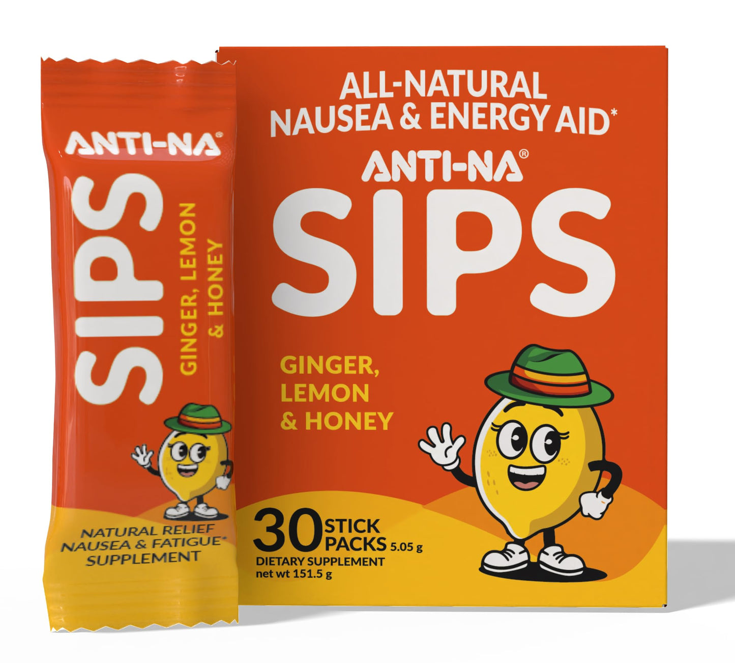 Anti-Na SIPS Life Dual-Action Nausea Relief+ Energy Support 2000mg Premium Ginger Dissolving Mix, 30 Packets
