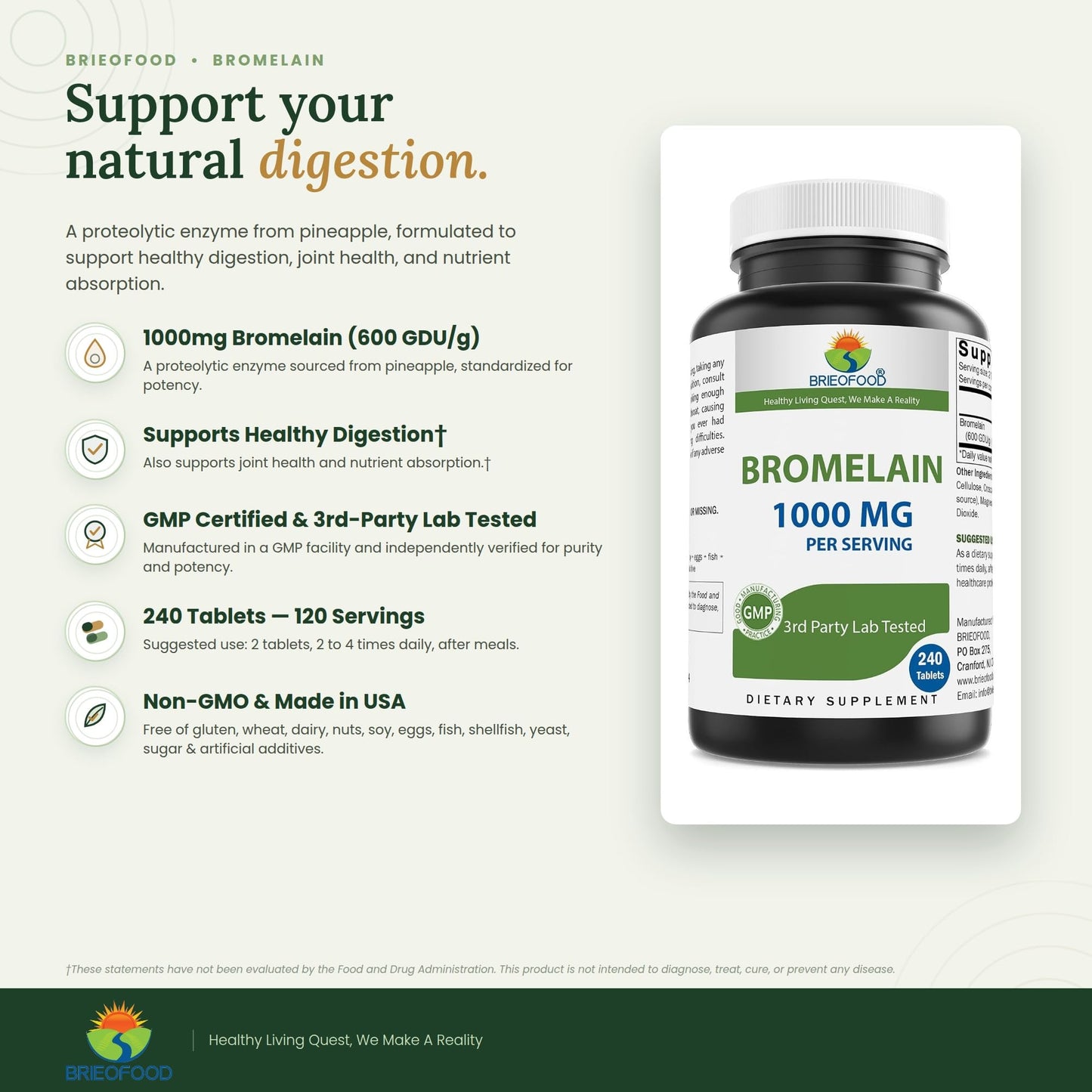 Brieofood Bromelain 1000mg per Serving Proteolytic Digestive Enzyme Supports Healthy Digestion, Joint Health, Nutrient Absorption, 240 Tablets