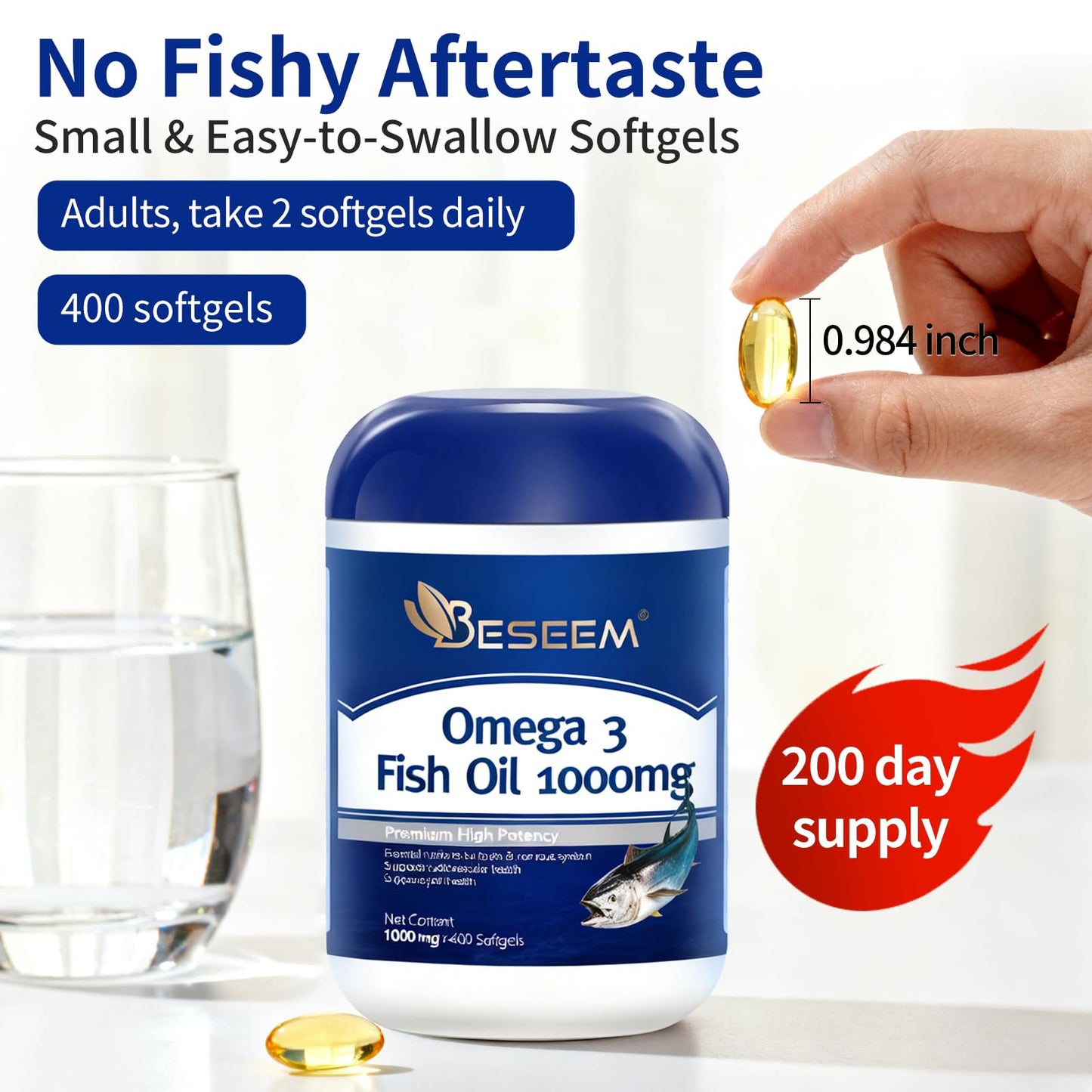 Beseem Omega-3 Fish Oil 1000mg Capsule, 400 Count