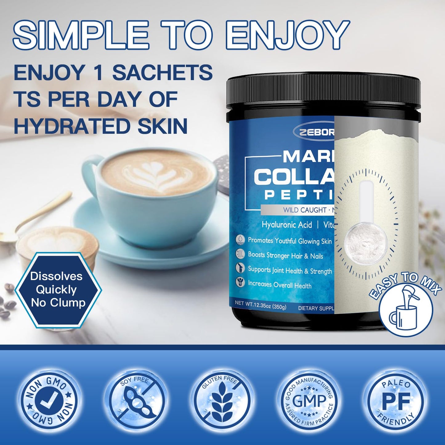 ZEBORA Marine Collagen Peptides Powder 12.35 Ounce