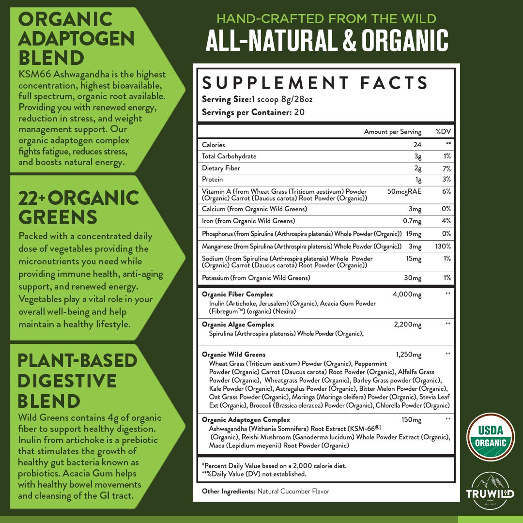 TruWild Greens Superfood Juice Powder with 22+ Greens & Antioxidants, 90 Servings, 3 Pack