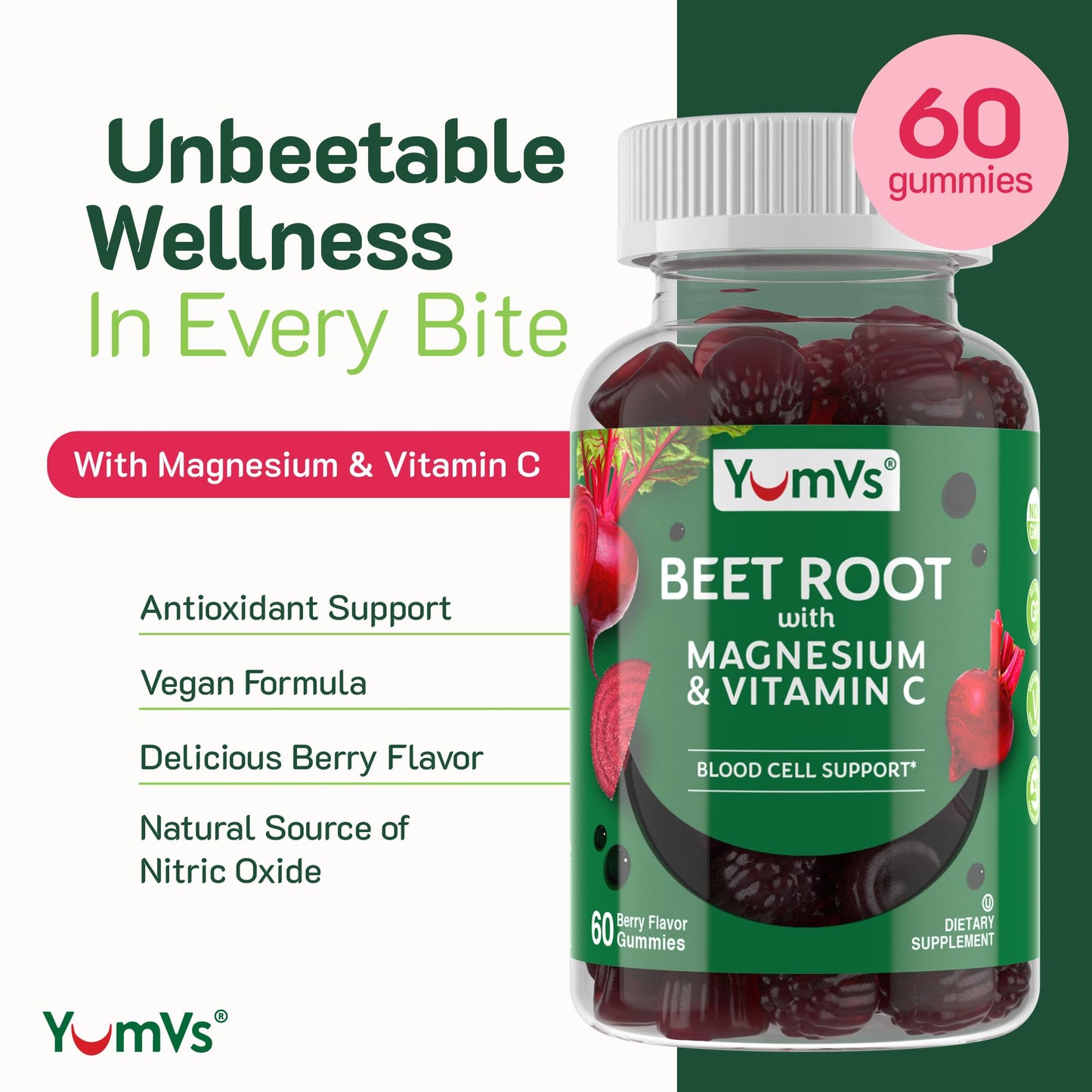 YUM-V'S Beet Root Gummies with Magnesium & Vitamin C, Berry Flavor, Gummy, 60 Gummies