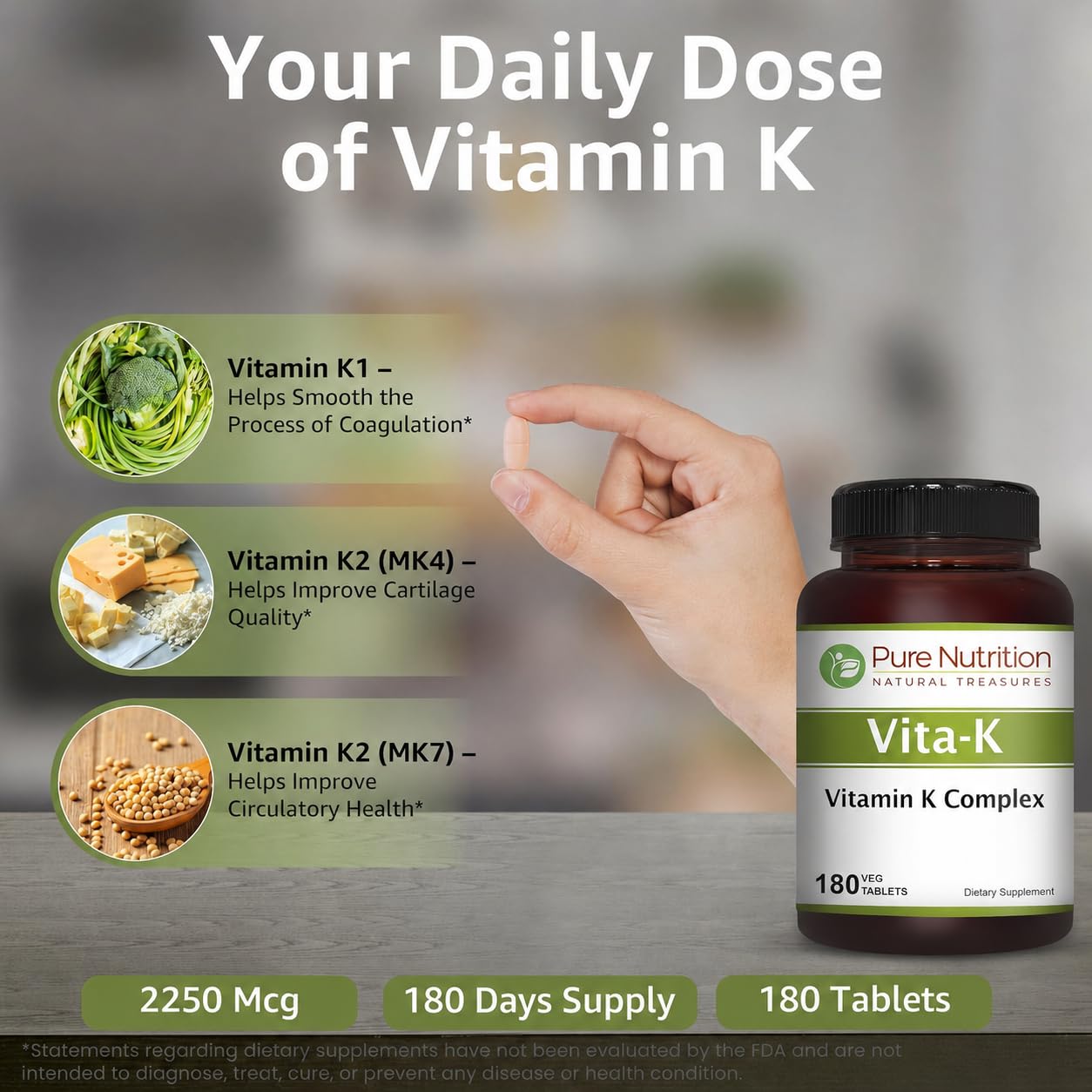 Pure Nutrition Natural Treasures Vitamin K Complex K1 + K2 Tablets, 180 Count