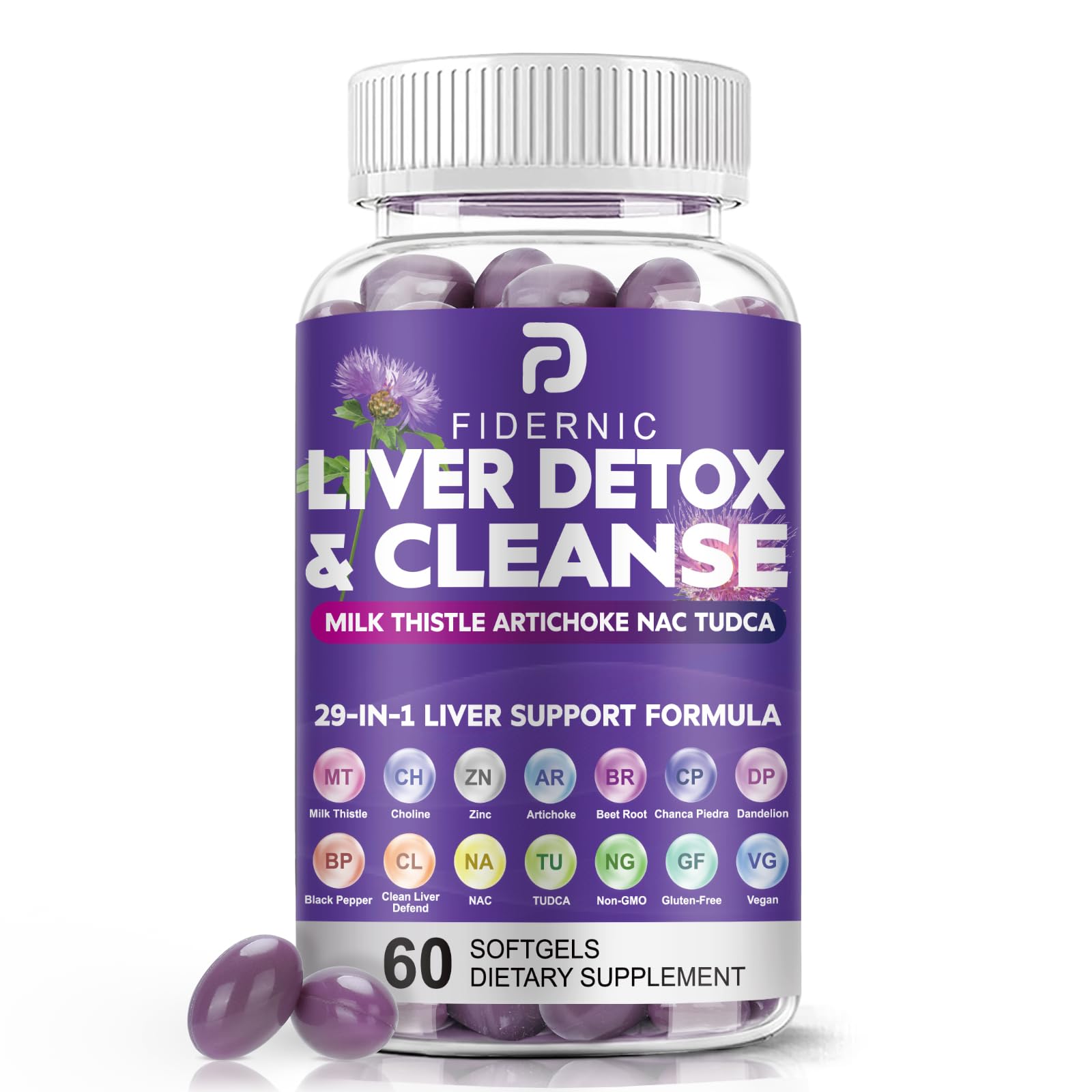 FIDERNIC Liver Cleanse Detox & Repair - Herbal Liver Support Milk Thistle Supplement, Strength Liver Health Support with Silymarin Artichoke Extract Dandelion Beet TUDCA Choline NAC, 60 Softgels