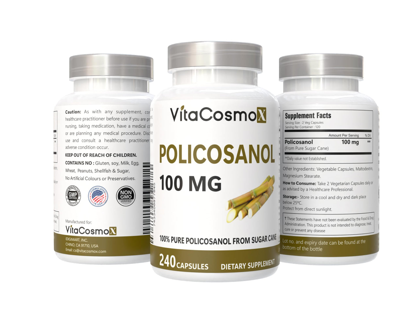 VitaCosmoX Policosanol Sugar Cane Extract 100mg Vegetable Capsules 240