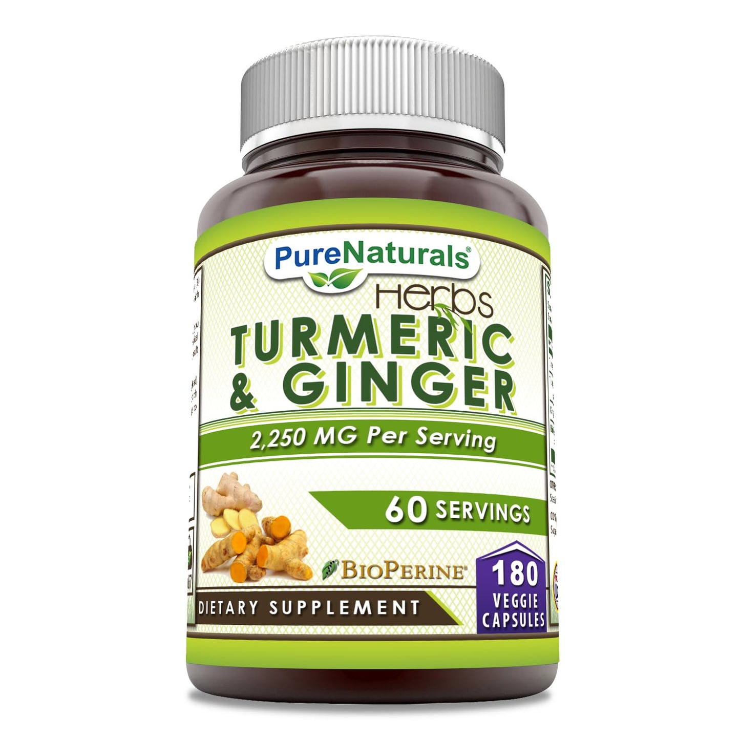 Pure Naturals Turmeric Curcumin & Ginger with BioPerine 2250 mg per Serving, 180 Veggie Capsules