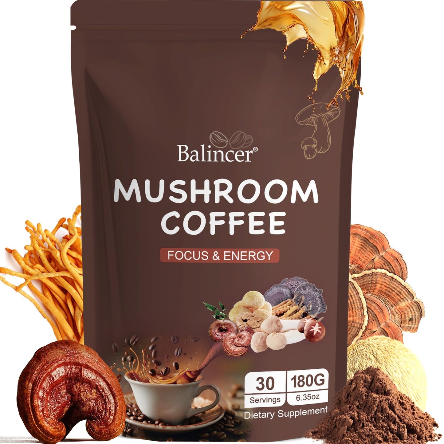 Balincer Mushroom Coffee Powder 6.35 Ounce - 6 Adaptogenic Mushrooms (Lion's Mane, Cordyceps, Turkey Tail & Other)