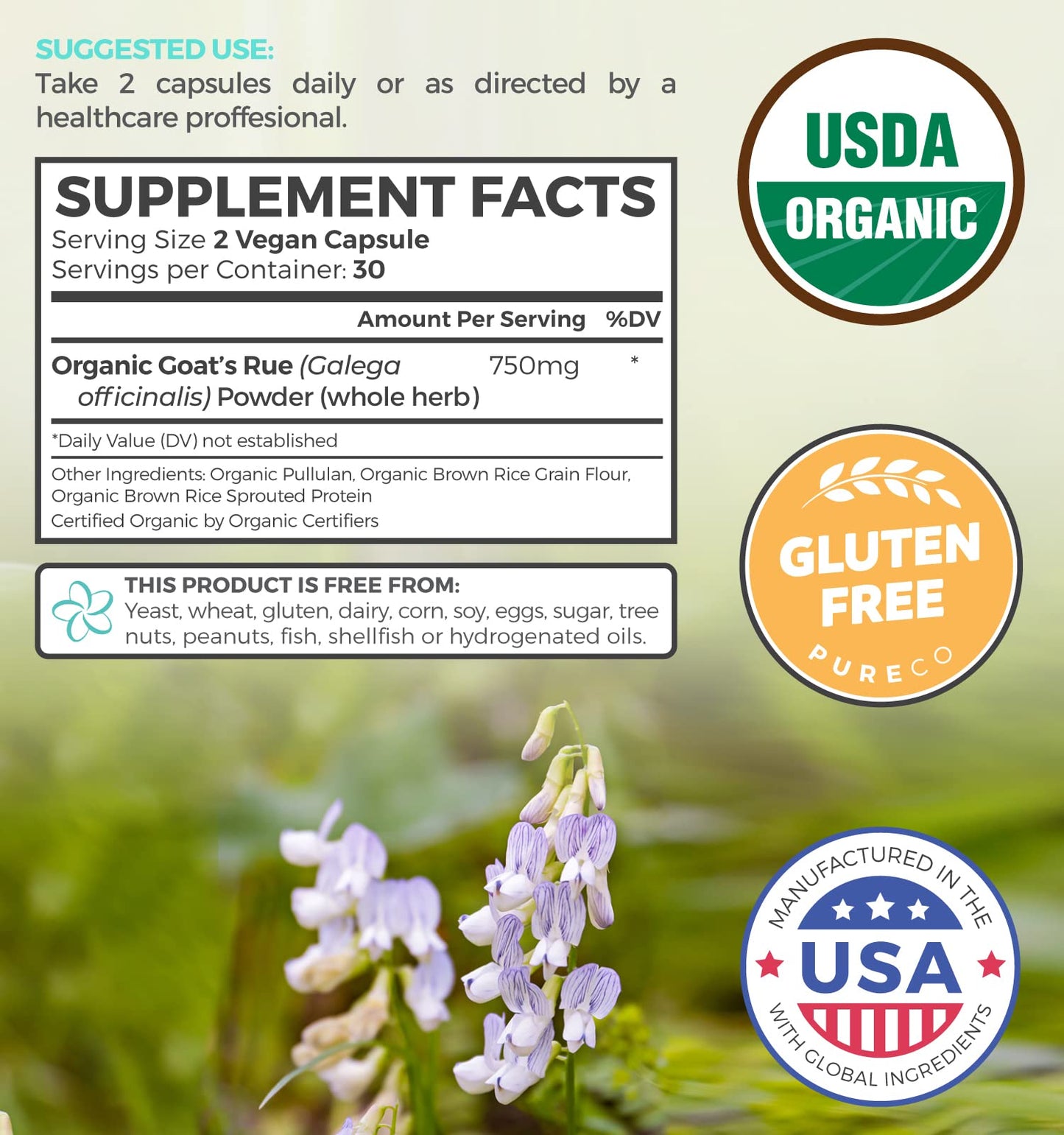 PURE CO Goat's Rue Lactation Supplement Capsules, 60 Count