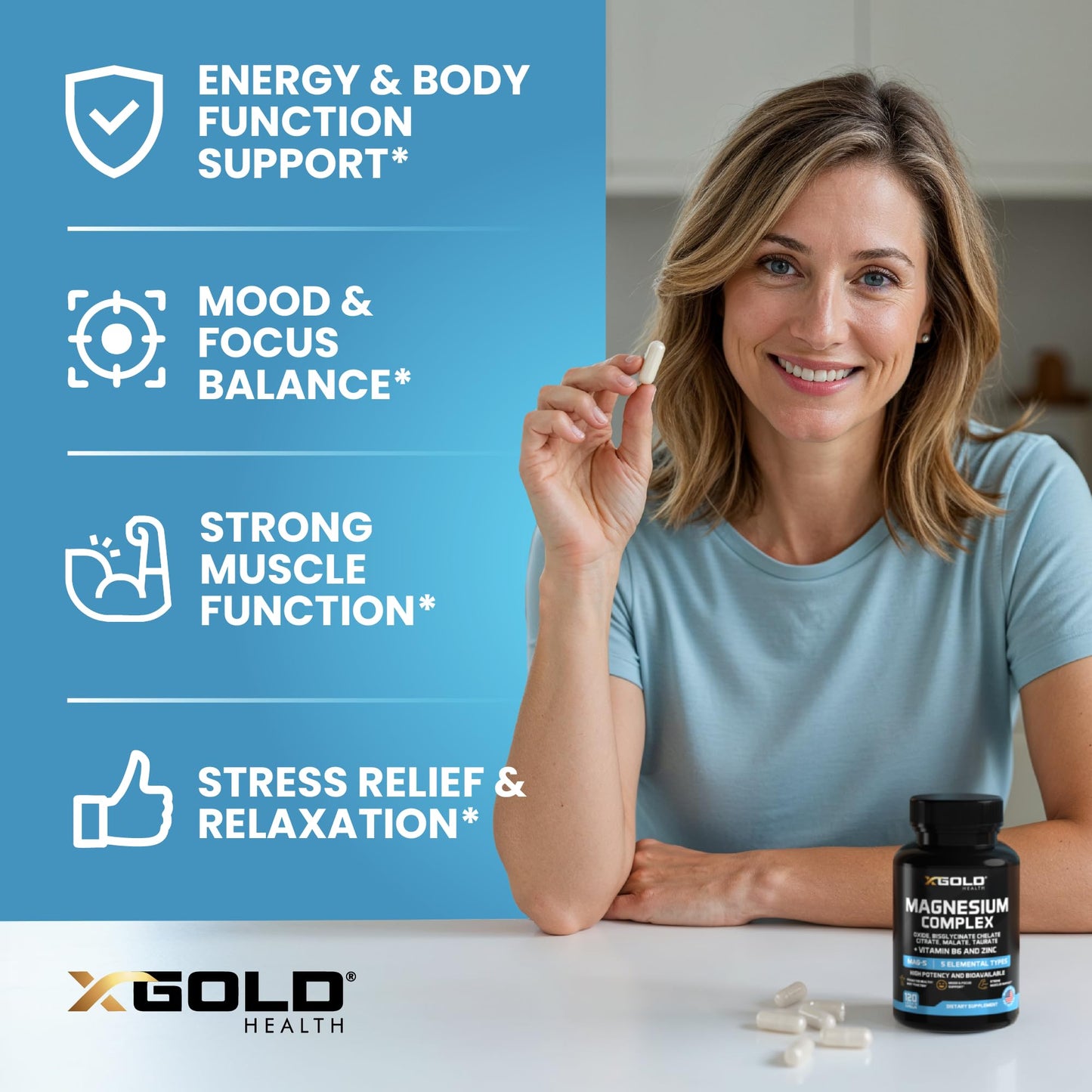 X Gold Health Magnesium Complex 5-in-1 with Zinc & Vitamin B6, High Absorption Formula, Glycinate, Citrate, Malate, Taurate & Oxide, 500mg, Capsules, 120 Count