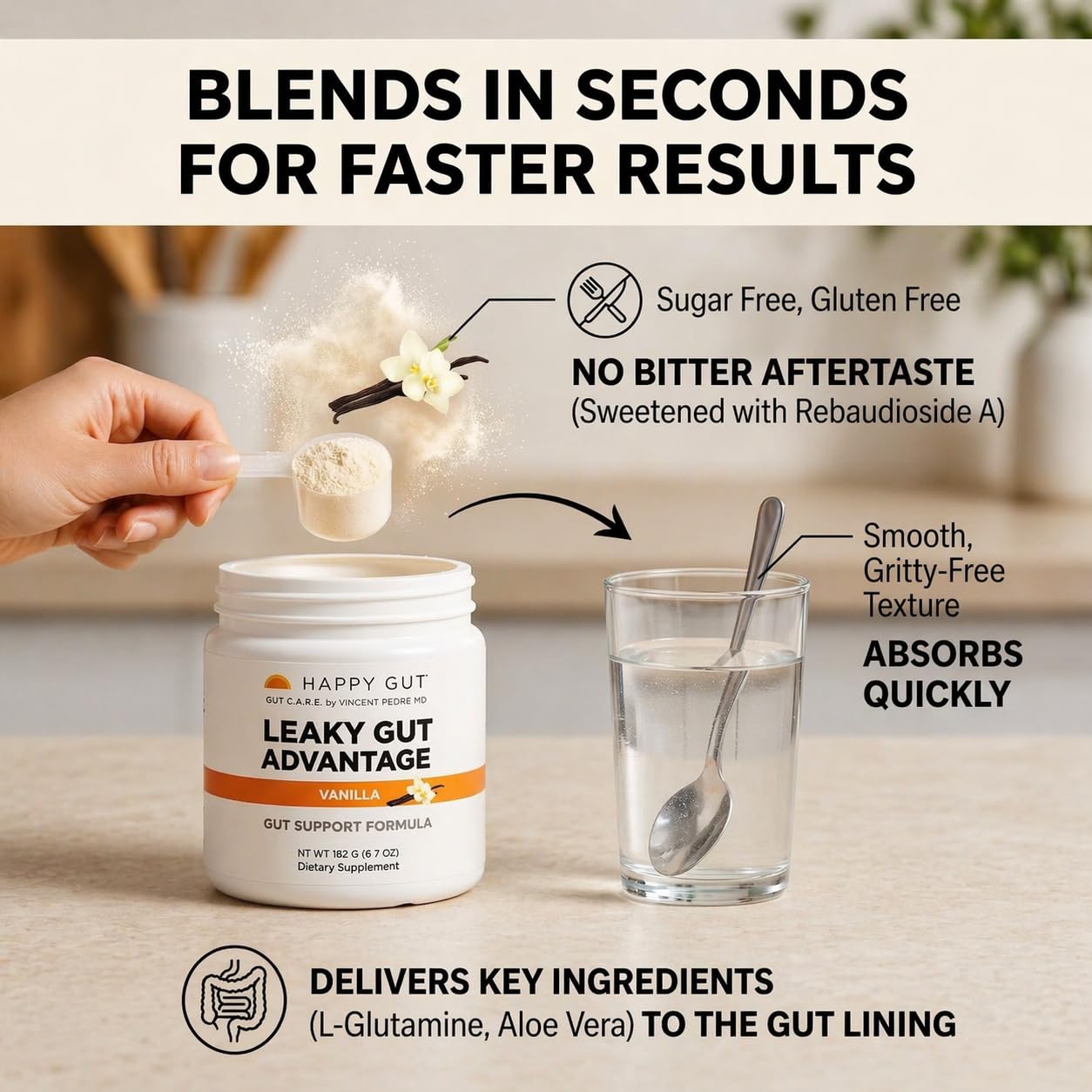 HAPPY GUT Leaky Gut Advantage L-Glutamine & DGL Vanilla Powder, 8 oz