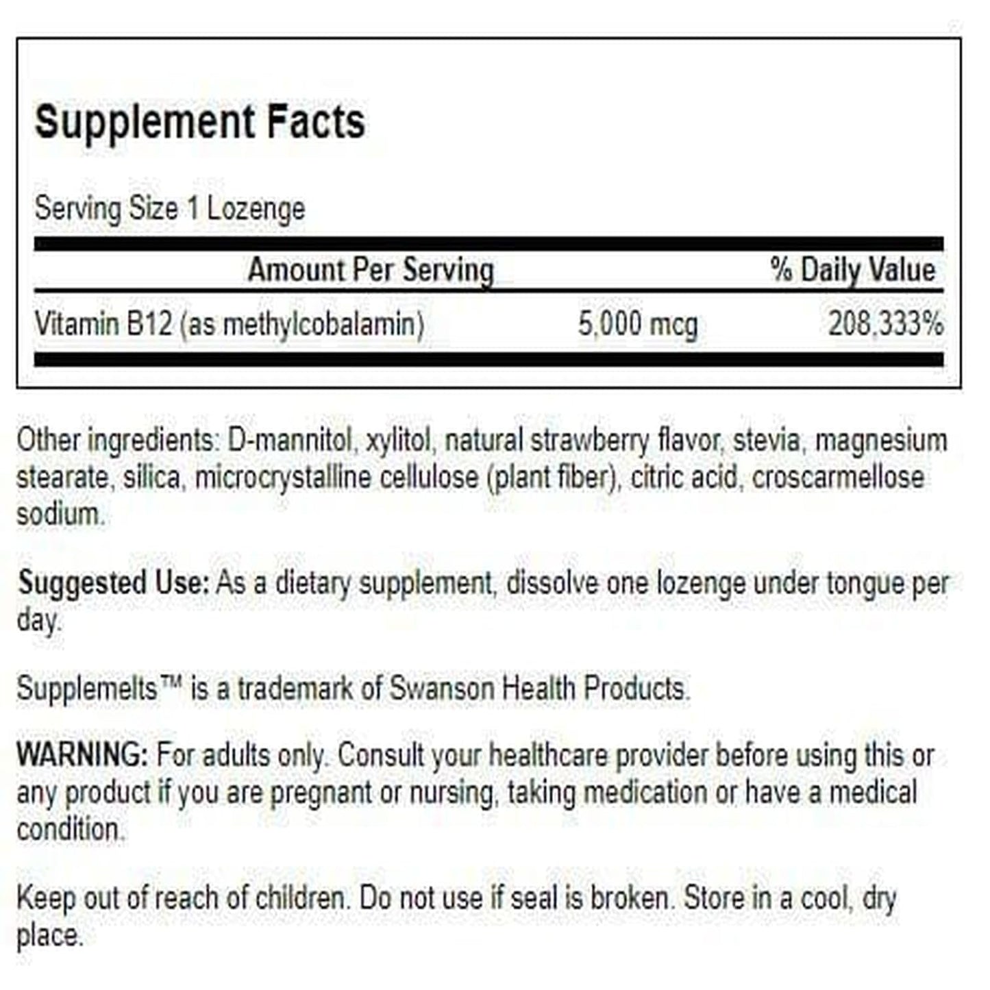 Swanson Sublingual Vitamin B-12 5 Milligrams Lozenges, 60 Count