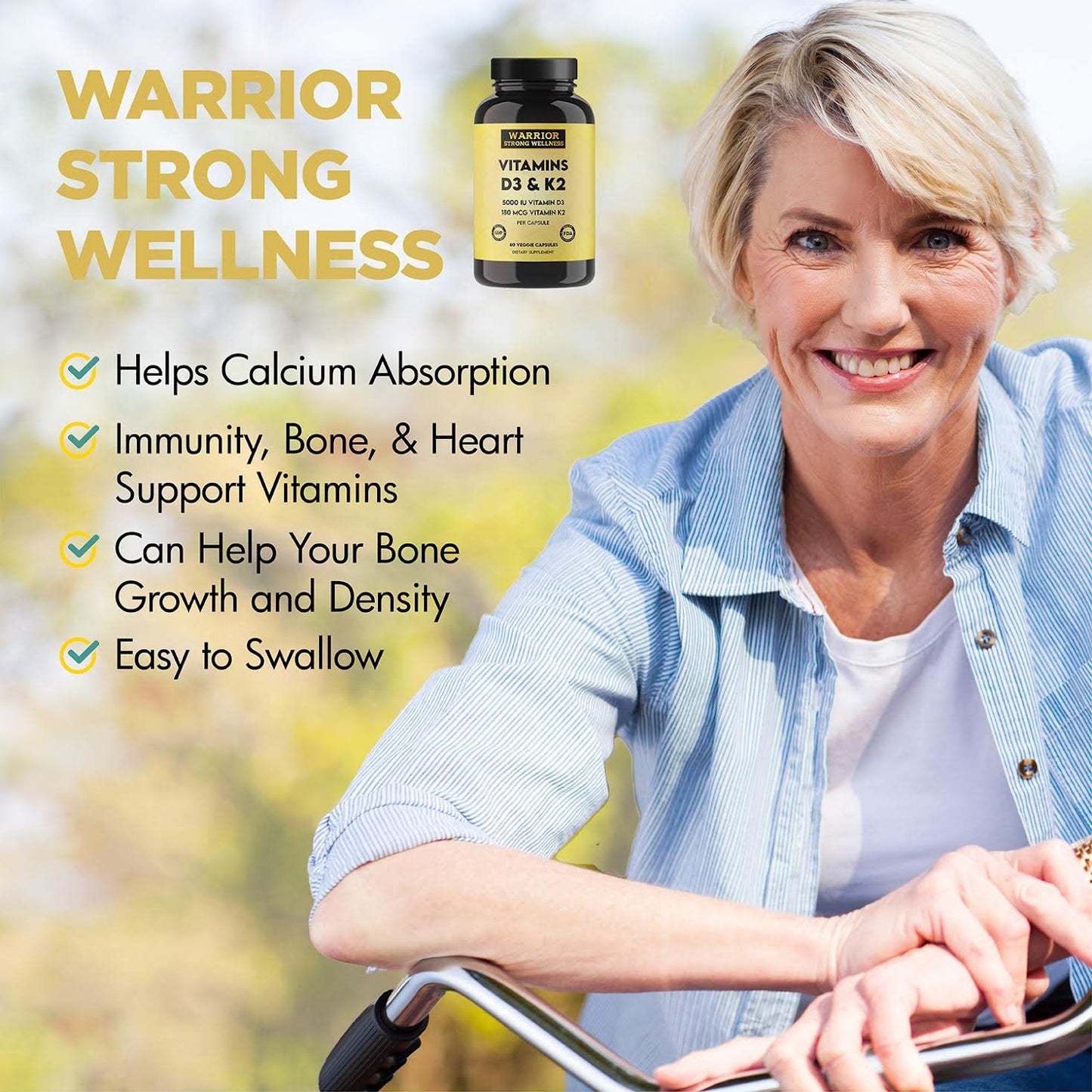 Warrior Strong Wellness Vitamin D3 and K2 Supplement Capsule, 60 Veggie Capsules
