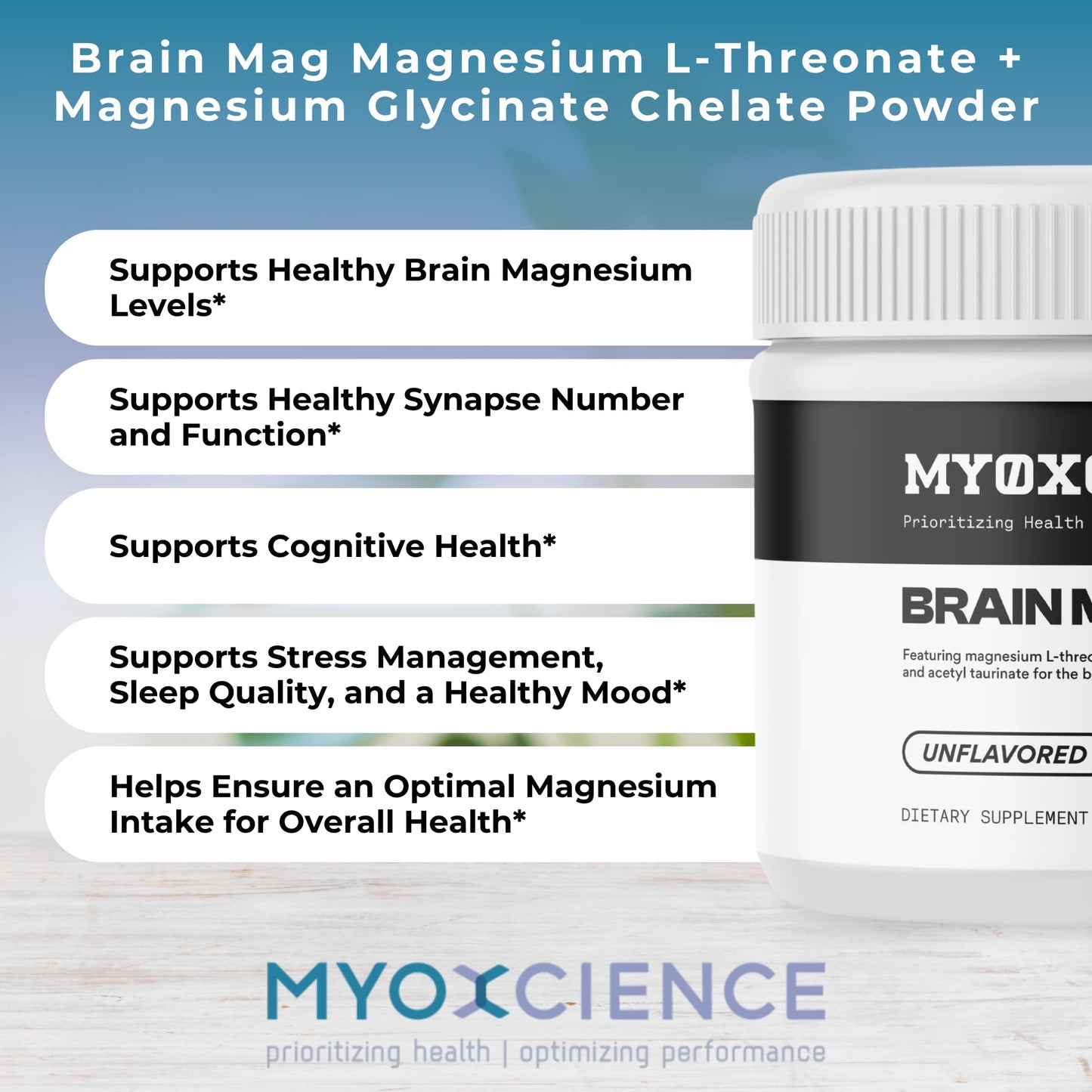 MYOXCIENCE Brain Mag Magnesium L-Threonate Magtein & Magnesium Glycinate Powder, 3.6 oz