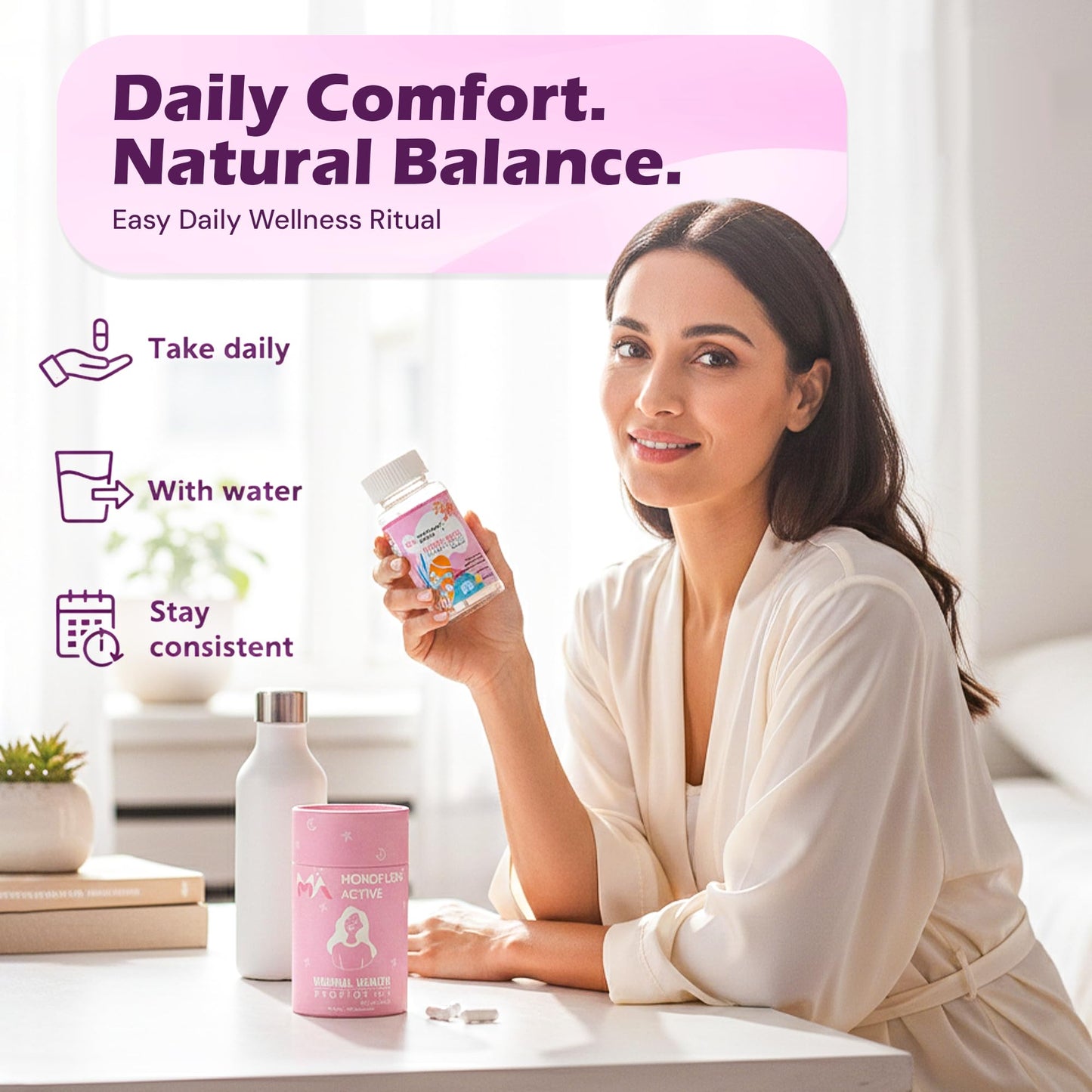 MONOFLORA ACTIVE Probiotics for Women 5 Billion CFU Vaginal Probiotic with Lactobacillus & Prebiotics, 60 Capsules