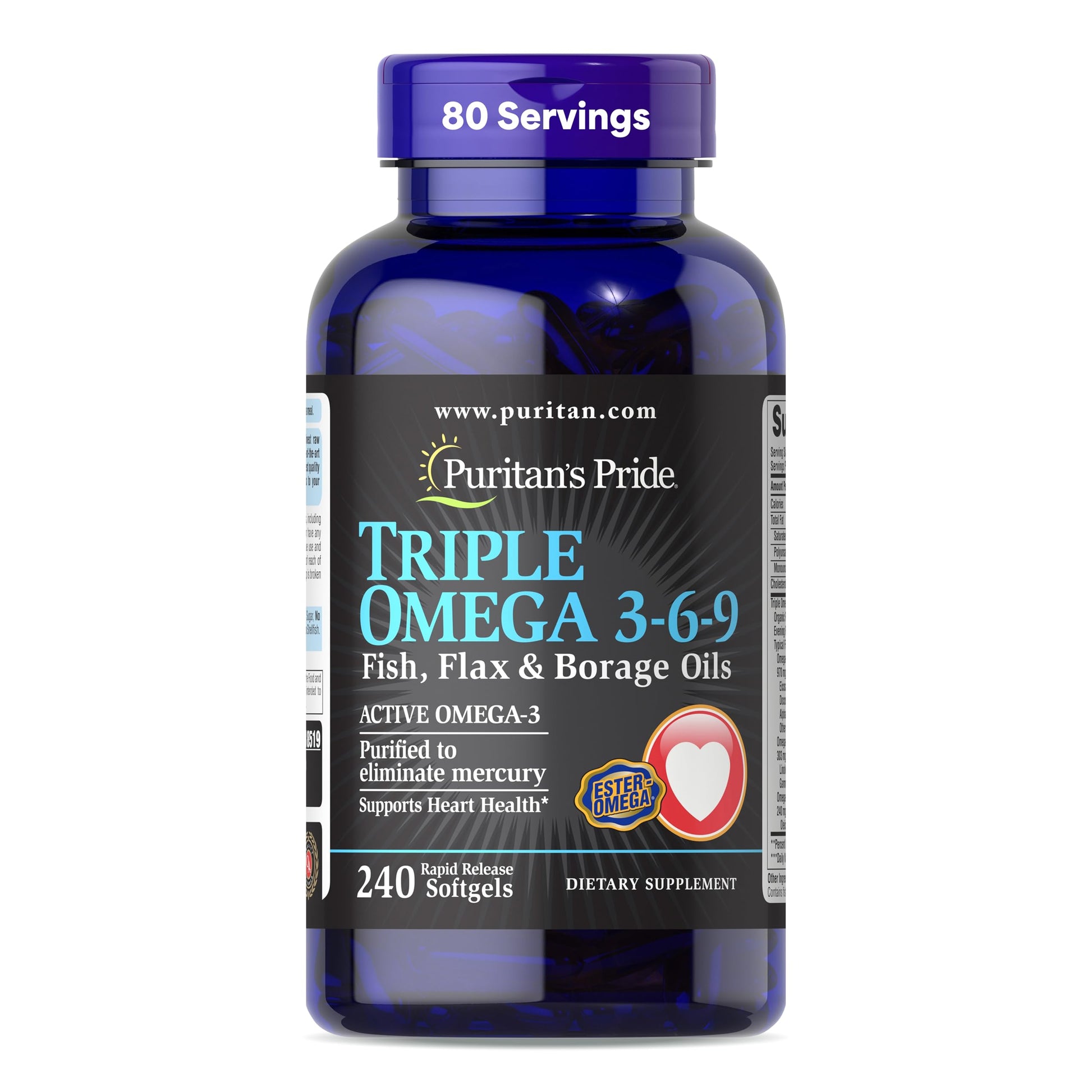 Puritan's Pride Premium Triple Active Omega 3-6-9 Fish, Flax, and Borage Oils Softgels 240