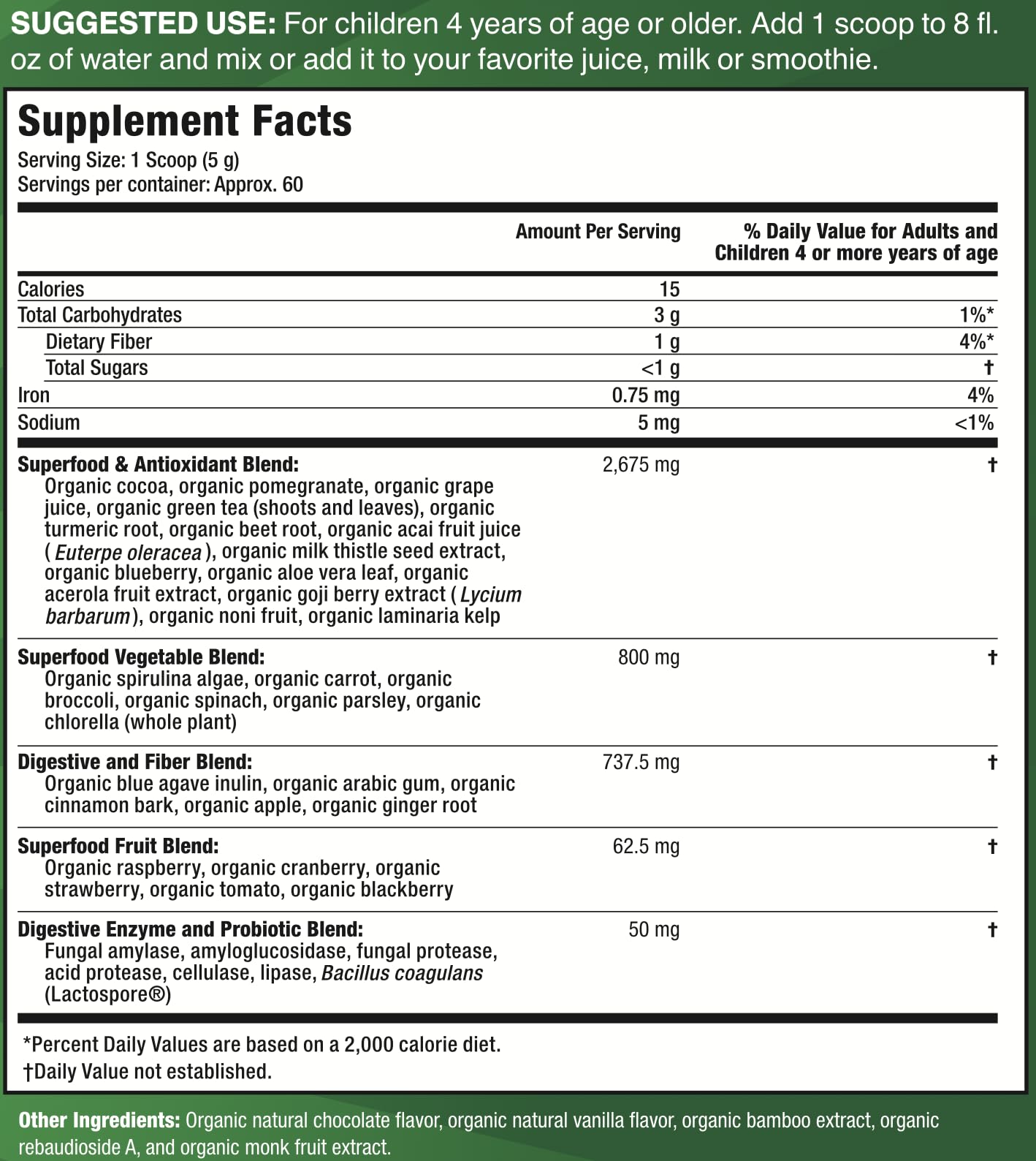 The Feel Great Vitamin Company Feel Great USDA Organic Super Greens Powder for Kids - Cocao Chocolate, 10.6 oz