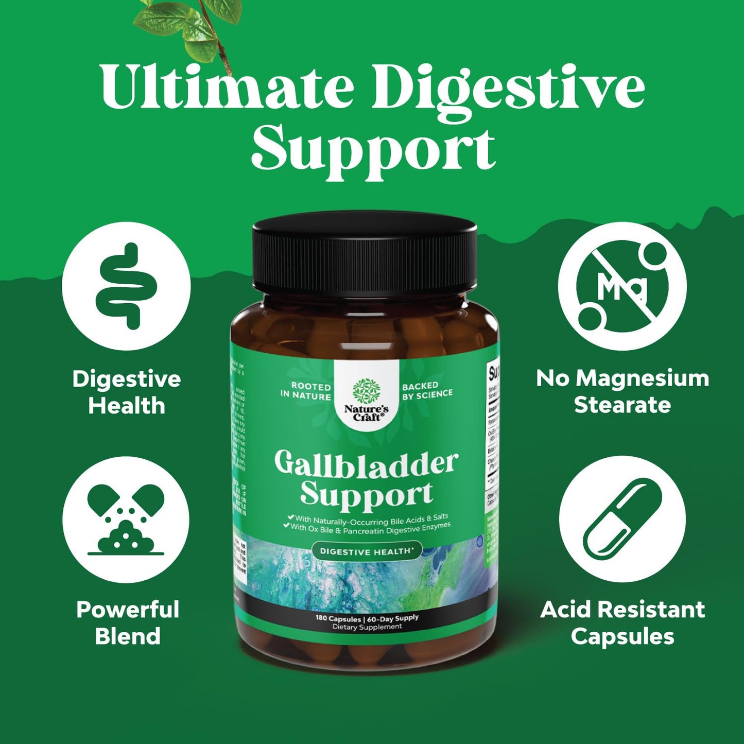 Natures Craft Ox Bile Salts for Gallbladder Support 180 Capsules
